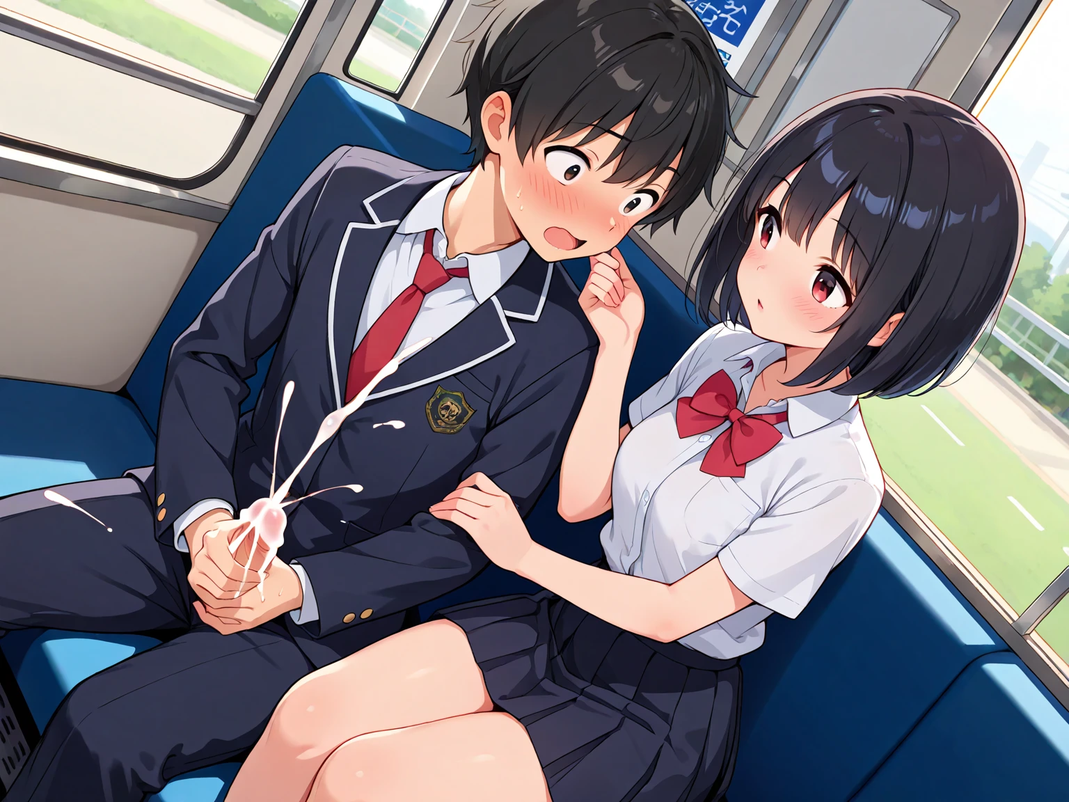 score_9, score_8_up, score_7_up, source_アニメ, masterpiece, 1girl, watahana, blue eyes, hair ornament, hair flower, school outfit, blue dress, sailor dress, white sailor collar, red bow, Indoors、in the train, Molester、school yard, field, full body, Eyes are hearts、Primary school students, Black hair、Shiny Hair, Highest quality、skirt open、blush、Watery eye、Sex、Creampie、vaginal penis, missionary, saliva trail, (orgasm), Drooling pulls a thread、Semen overflowing、A lot of semen、Violent Rape、(Trembling)、1boy, intercourse with a man, Insert the big penis、((uterus at viewer penis inserted into pussy from cross section looking through))