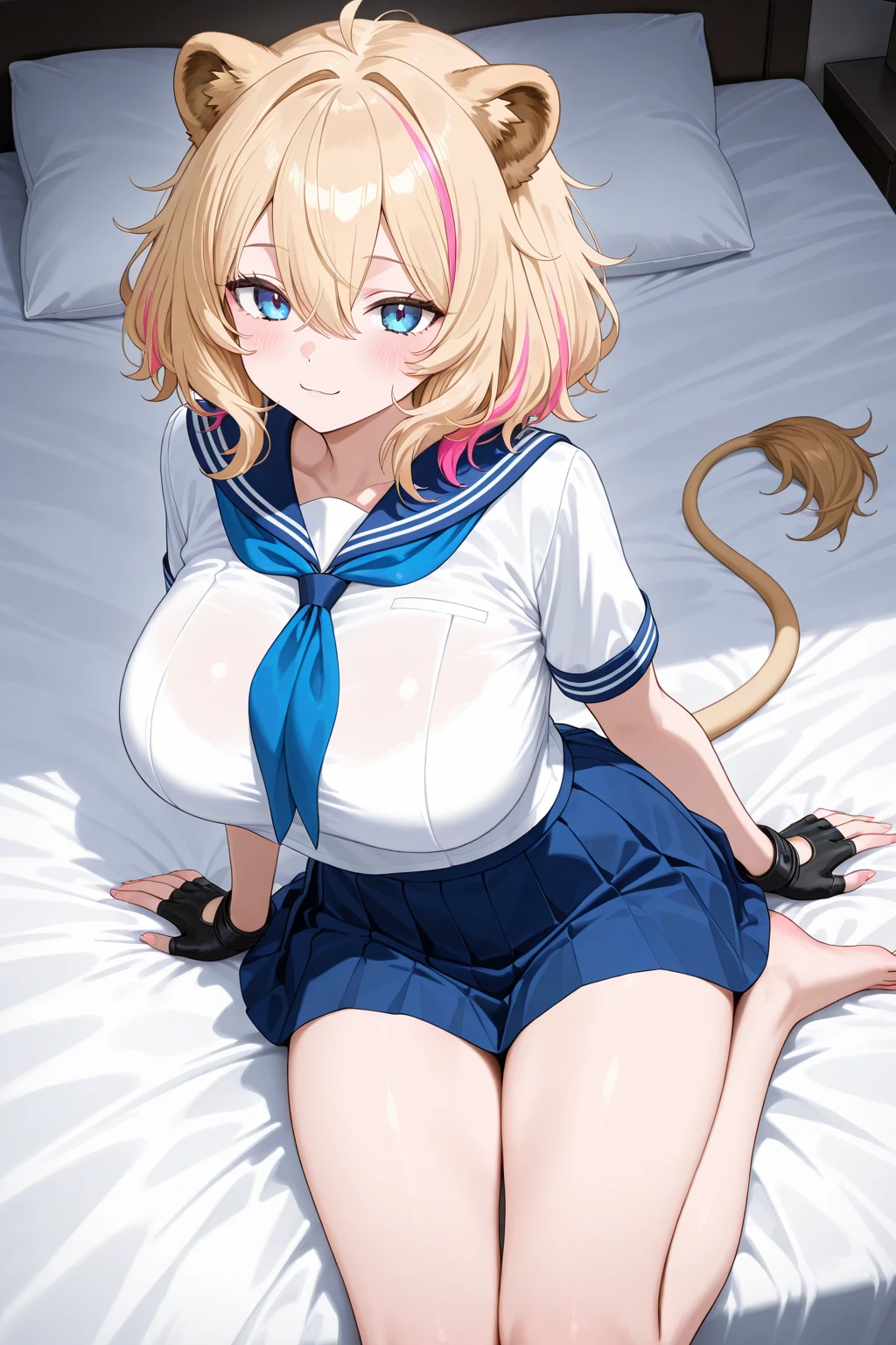 1girl, solo, long hair, breasts, looking at viewer, blush, smile, open mouth, bangs, blue eyes, blonde hair, large breasts, shirt, thighhighs, long sleeves, animal ears, cleavage, school uniform, white shirt, :d, thighs, hairband, boots, shorts, black thighhighs, cat ears, sailor collar, animal ear fluff, short shorts, brown footwear, drill hair, blue shorts, top-down bottom-up, blue hairband