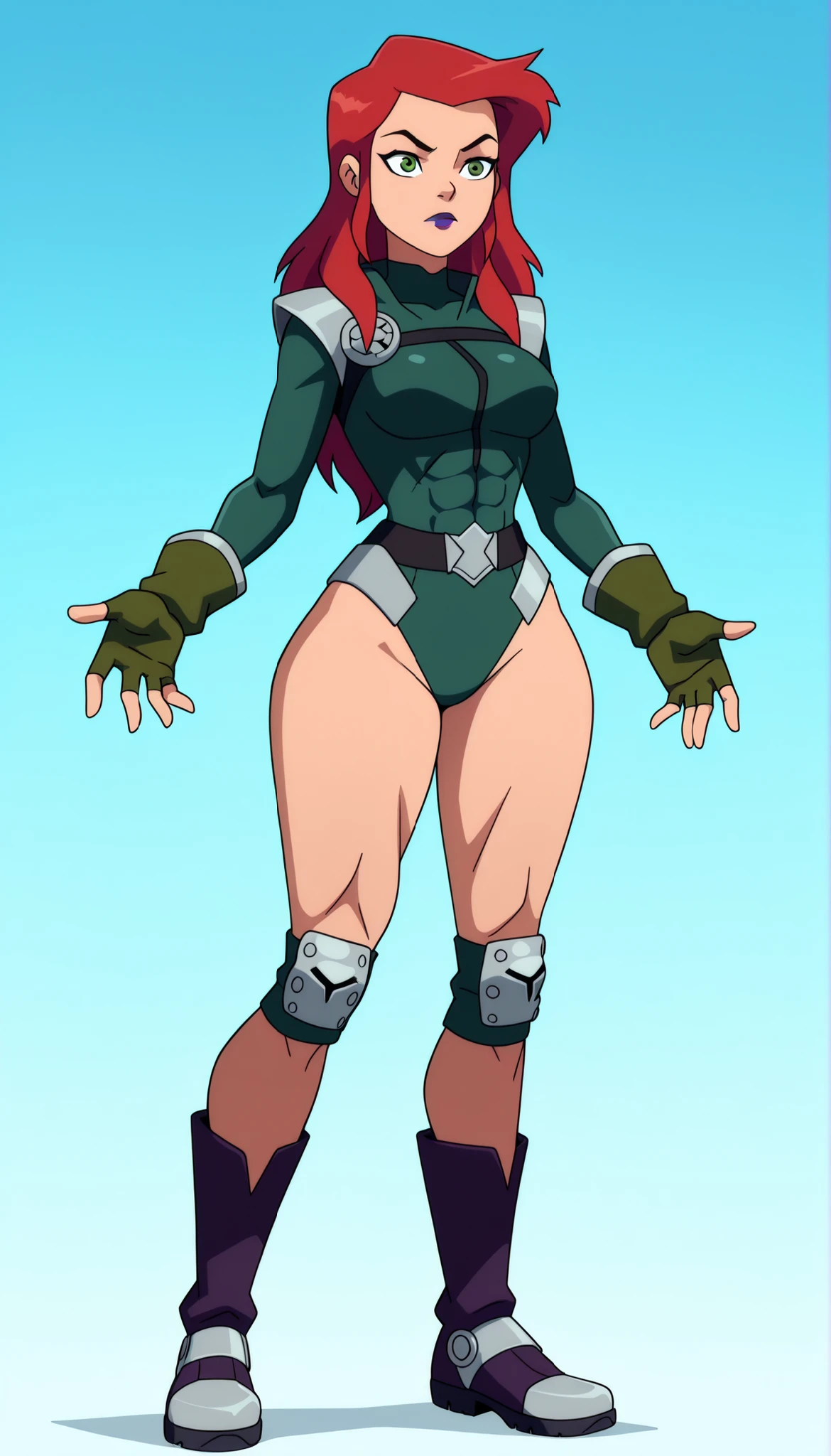 (1girl), Solo, Redhead, long hair, green eyes, purple lipstick, Green tight-fitting long-sleeved leotard, Green tight-fitting leotard, Long-sleeved tight-fitting leotard, tight-fitting leotard, (Bare legs), Wide thighs, wide calves, fingerless green gloves, green gloves, fingerless gloves, (medium breasts), (wide hips), (wide waist), Abs, purple knee-high combat boots with metallic toe, purple knee-high boots, knee-high combat boots with metal toe, purple combat boots with metal toe, purple combat boots, combat boots with metal toe, purple boots, boots combat knee-length, Silver metal knee pads, metal knee pads, silver knee pads, knee pads, Full body:1.5, perfect anatomy, perfect hands, perfect face, (super detailed), (cowboy shot:1.5),