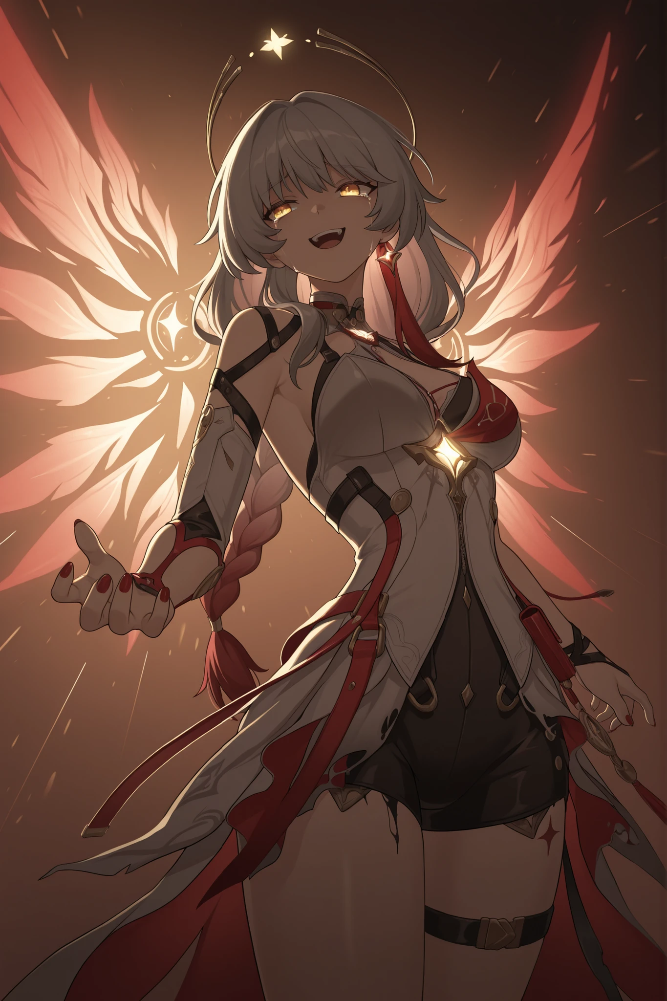 strrlcphr, cipher \(honkai star rail\),,phrolova \(wuthering waves\), Wings, glowing wings,(face focus, cowboy shot:1.22), dynamic pose, three quarter shot, mature,, (1girl:0.75), solo, , masterpiece, best quality, amazing quality, very aesthetic, high resolution, ultra-detailed, (soft shading, soft shadows, volumetric light:1.14), dramatic lighting, absurdres, gray hair, red hair, golden eyes, red nails, claws, braids, broken dress, laugh, crying, tears, backlighting, sun