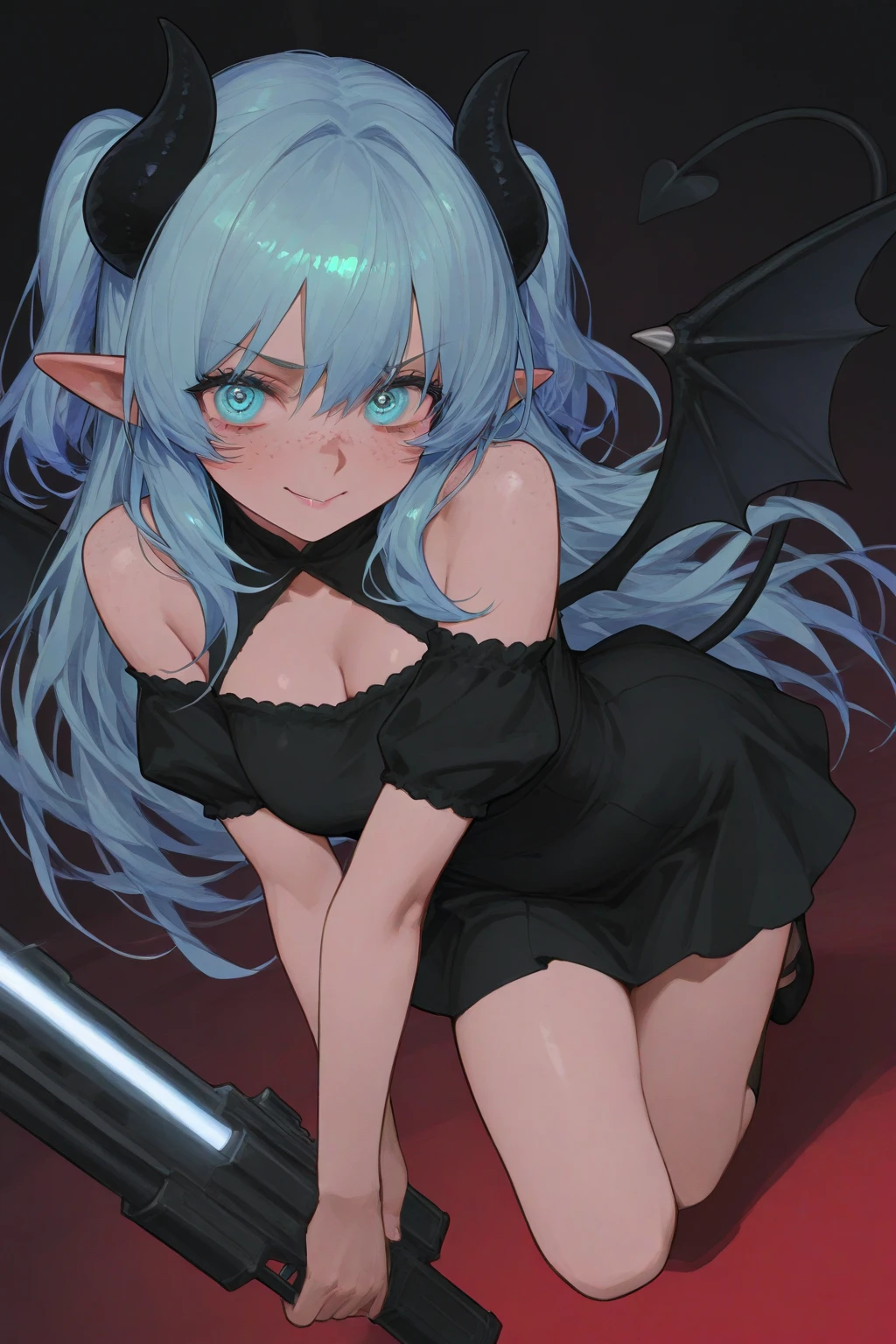Knelt, blackstockings, A succubus, Blue hair, Horns, Open mouth, Shy, first person perspective, hyper HD, Liquid on the face, ahoge, heart-shaped pupils, blush, ear blush, torogao, oral invitation, Anime style, From above, first-person view --auto