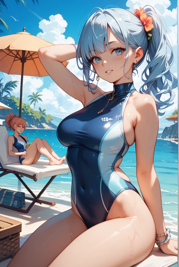 masterpiece,best quality,best resolusion,1 girl,2heads,shiroko character,detailed,conjoined twins,has two wolf ears on top of the head, has a round blue circle of light,short silver hair,blue hair ornament,blue eyes,wearing a tight dark blue women's swimsuit,normal breasts,beach background,beautiful face,beautiful eyes,beautiful body,beautiful hand,beautiful hair, sitting, (legs crossed:1.4), (crossed legs:1.4)