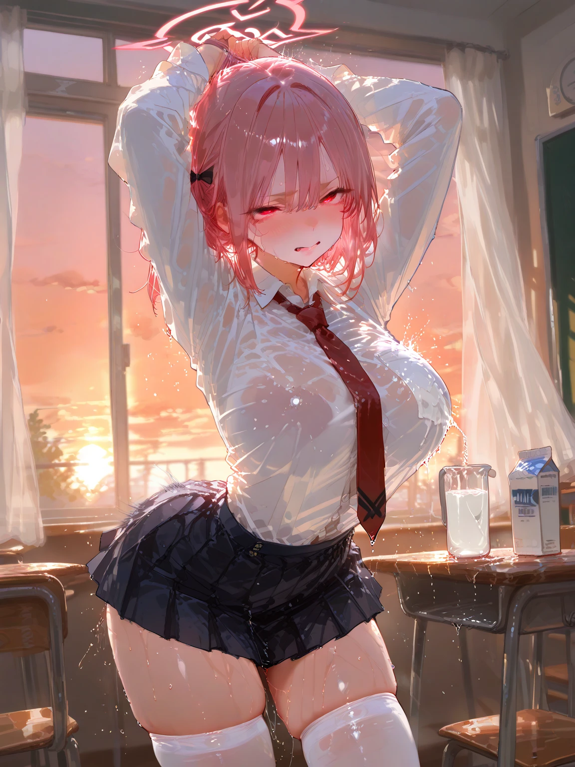girl,pink hair,Red eyes,mediumunderboob,school uniformss,Classroom,Exposed shoulder, Girl leaking urine,Ultra high quality --auto