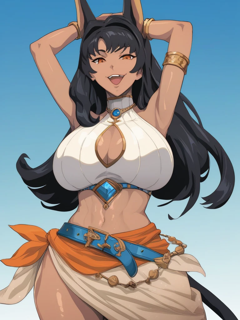 masterpiece,best quality,highres,illustration,hyper detailed,8k cg wallpaper,ray tracing,((black hair:1.2)),((blue eyes:1.2)),((long hair:1.2)),((straight hair:1.3)),medium breasts,(hiten1:0.8),<lora:add_detail:1>,navel,((harem outfit:1.1)),dancer,jewelry,bare shoulders,detached sleeves,<lora:dancerv1:0.8>,cleavage,((full-face blush:1.1)),(cowboy shot:1.1),pov,(hands on hips:1.1),ponytail,swimsuit,