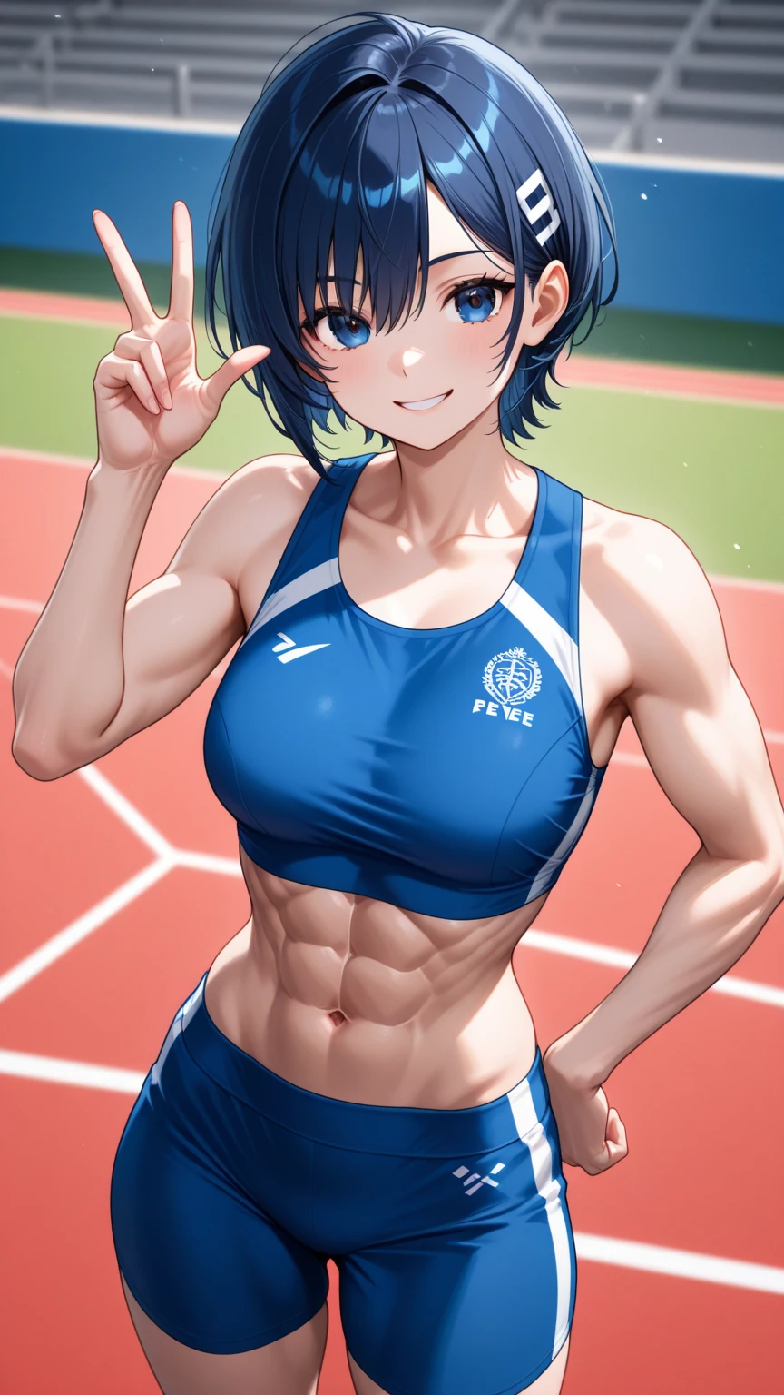 masterpiece, best quality, ultra detailed, ultra high resolution, very detailed face, solo, ((anime)), 20 years old girl, (((from below))), (((crimson track uniform, sleeveless, navy bloomer))), ((golden short hair)), (((medium breast))), (six pack abs:1.2), ((little smile)), standing at the track field