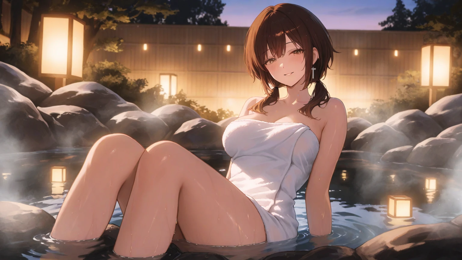 HDR, volumetric lighting, masterpiece, best quality, highres, high quality, absurdres, hot spring, 1girl, solo, skinny, brown hair, red eyes, bathing towel, wearing a towel, collarbone, blush, animal ear fluff, wolf ears, wolf tail, wolf girl, gradient hair, small breasts, ahoge, light smile, sitting , crossed legs, view at viewer