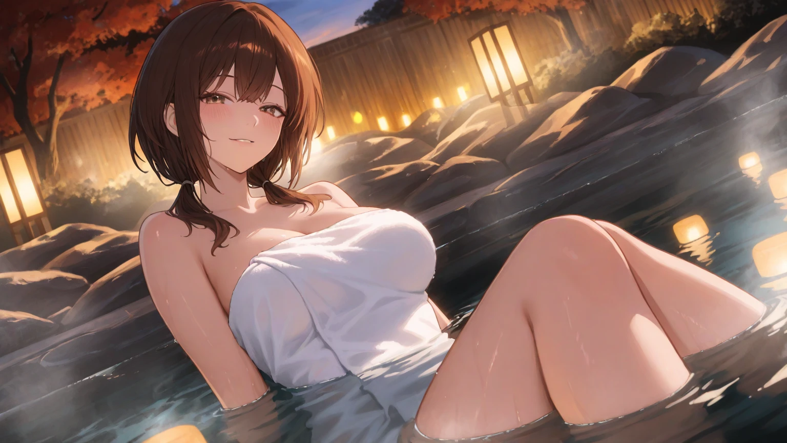 anime style, best possible quality, perfect design, masterpiece,
environment: porch of wooden house under lake, the house is supported by piles, wooden bridge from the shore of the large lake to the porch of the house,
part: beautiful nude brunette woman, curly brown hair, light brown eyes, dark brown skin, red lipstick on her mouth, perfect neck, beautiful firm, round, perfect nude breasts medium size, large nipples with large areola, pubic area with bare hair , beautiful legs, golden anklet,
action: she is sitting in a chair on the balcony, with her legs open, showing the naked region of her vagina and groin, a malicious look and smile, curled hair moving in a light breeze.
dusk, sun setting on the horizon of the long and extensive lake
