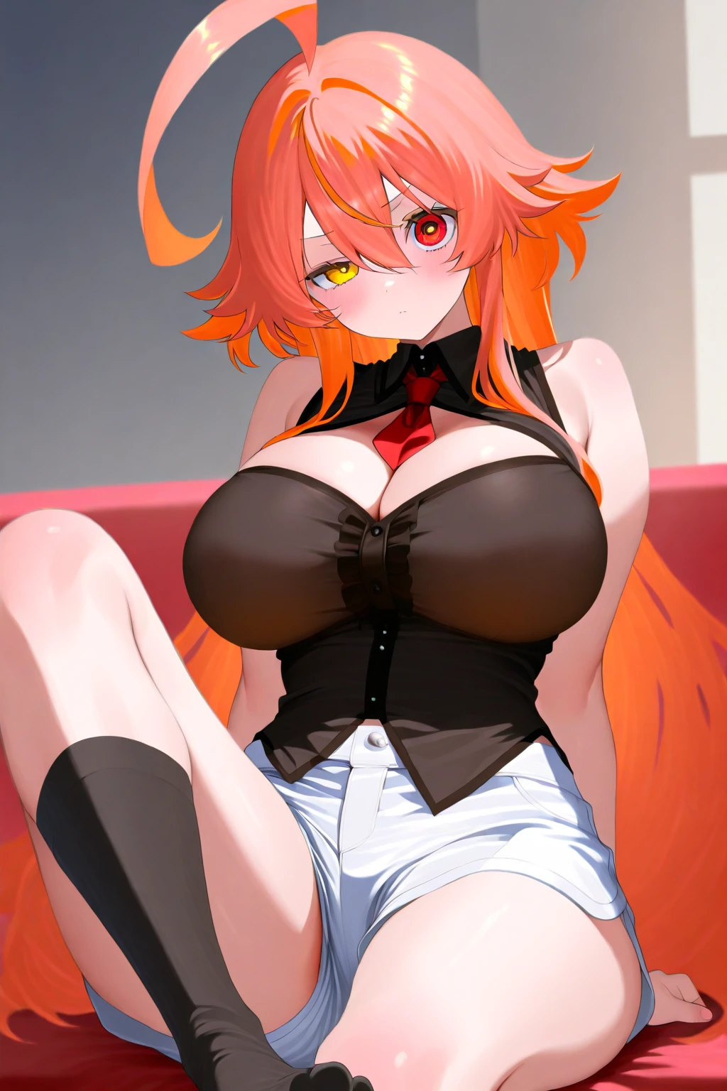 a beautiful and stunning woman with long, wavy orange hair and green eyes, twin volumous ponytails, wearing a black kimono with a red floral print , orange fox ears, lying on the bed with a shy smile, red cheeks and light freckle marks only on her face, defined silhouette, huge breasts, thick thighs, earrings of skulls, dark environment, dark colors, pastel tone, cold palette, sharpness, attention to detail, richness of details, cute aesthetics, cherry blossoms decorating the hair