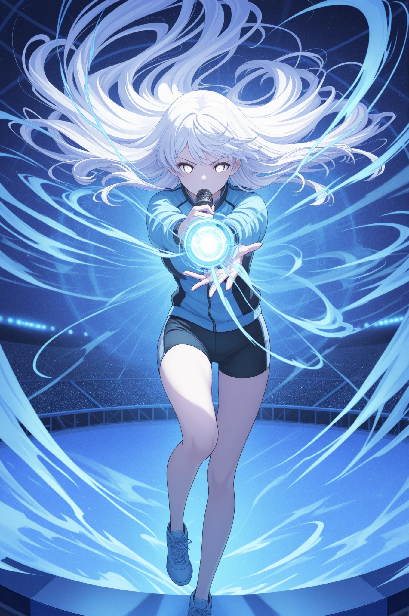 1girl, tall body, light blonde hair, aquamarine eyes, boots, breasts, bracelets, hair ornament, (shoulder-length hair, ponytail, bangs), full body with costume, (leotard, perfect leotard, gymnast outfit leotard, white leotard with blue accents, bare legs), hi-tech shoulder pads, (white boots), medium breasts, perfect hands, complete fingers, perfect anatomy, perfect proportions, solo, solo focus, superhero, ((blue lightning logo on chest)), beautiful detailed eyes, beautiful detailed face, age 18, asuka suit, body infused with electricity, diffraction spikes, flying, attacking, energy ball on hand.