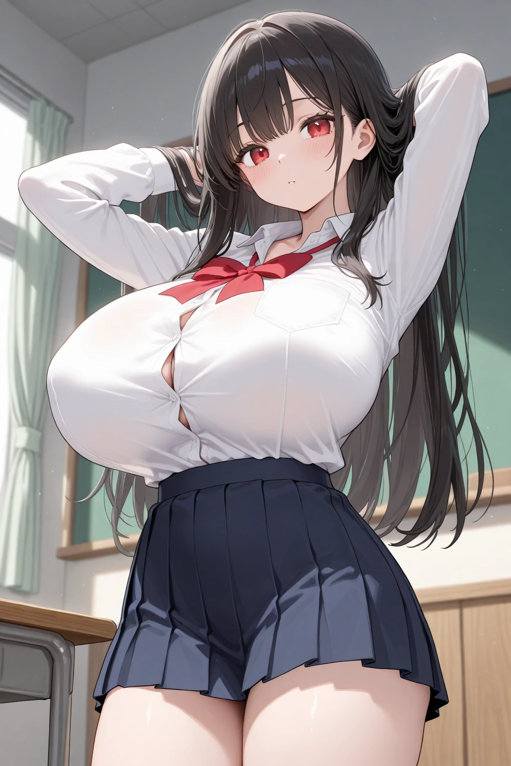 (Ultra Masterpiece), Best quality, OverDetailed, Ultra-Detailed, Digital Art, Detailed Face, (18K++, HD+), (Hyper-Detailed Eyes:1.3), (Absurdres:1.3), (Skindentation: 1.2), (Realism: 1.25), (Best shadow: 1.25), (Anime:1.3); [Smiling eyes, /(Kiredere face)/, /(Kiredere looks)/, (Perfect face)+, (seductive beauty)+, Plump Gyaru, Huge breasts, Very curvy, (dark hair), Long hair, Bracelets, Beautiful hairstyle, (amber eyes), Full lips, (face filled with happiness, serious but friendly expression), very cute], ((beautiful character design))+, At home; (Clothes details), Professional photo. [(Toned legs, Thick thighs), Big breasts, Ray tracing, (Perfect face)+, Octane render, Hentai realism, good looking shirt, ((white) collared shirt: 1.3), (open clothes), good-looking skirt, ((red) Skirt: 1.2), mini-skirt], At home, Huge breasts, Wide hips, (Shiny skin), (Very healthy body), 1 Female, (bold and assertive pose), (Very sexy+, Gorgeous woman+, young mature woman+), Facing the viewer, (Kiredere: 1.4)+