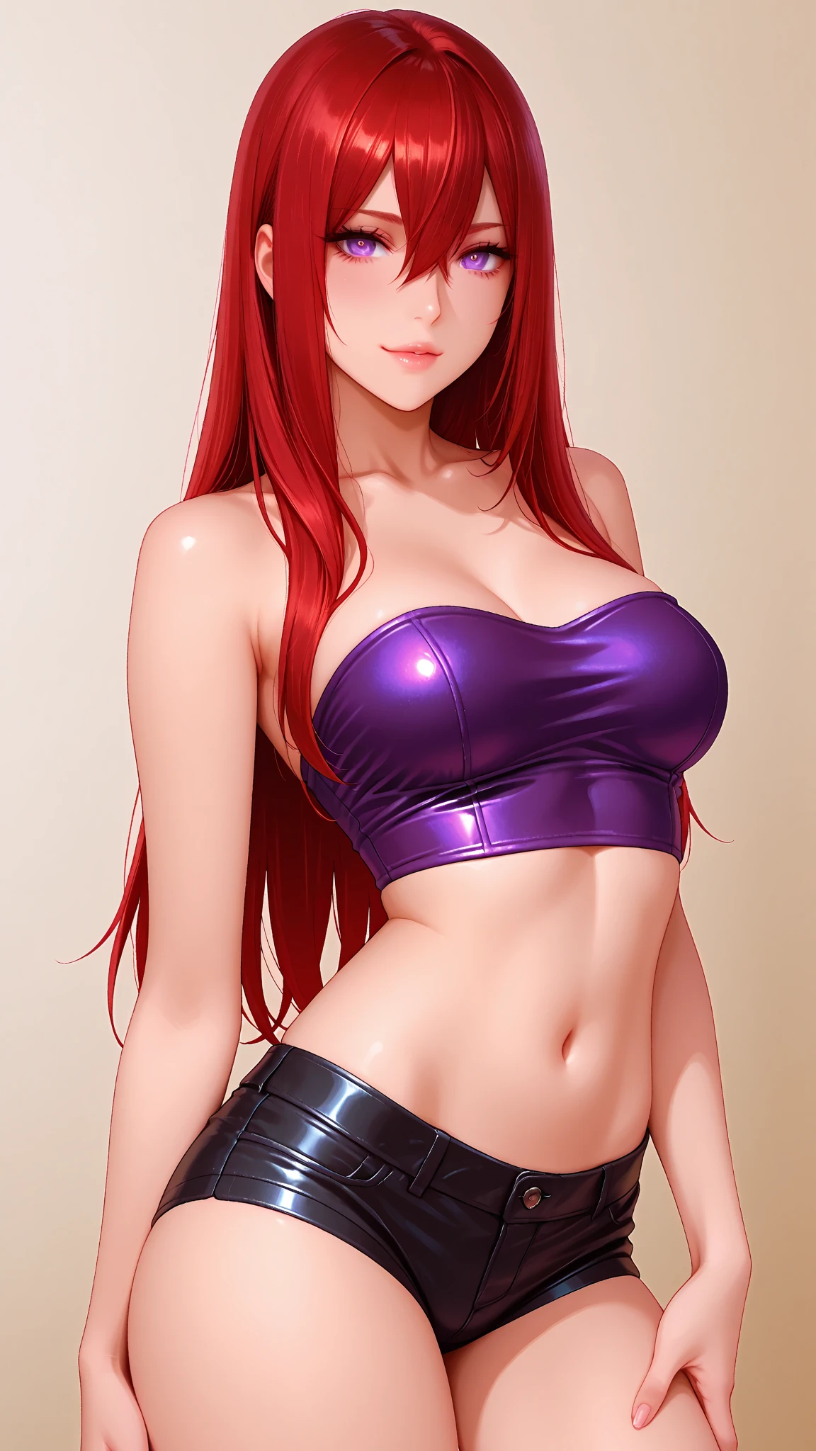 Masterpiece, full hd, high quality, super detail, woman, 30 years, perfect body, medium breasts, red lips, seductive smile, passionate look, blue eyes, red hair, blue crio top, black skirt, tattu, 2d background, social media composition, seductive posture, from side