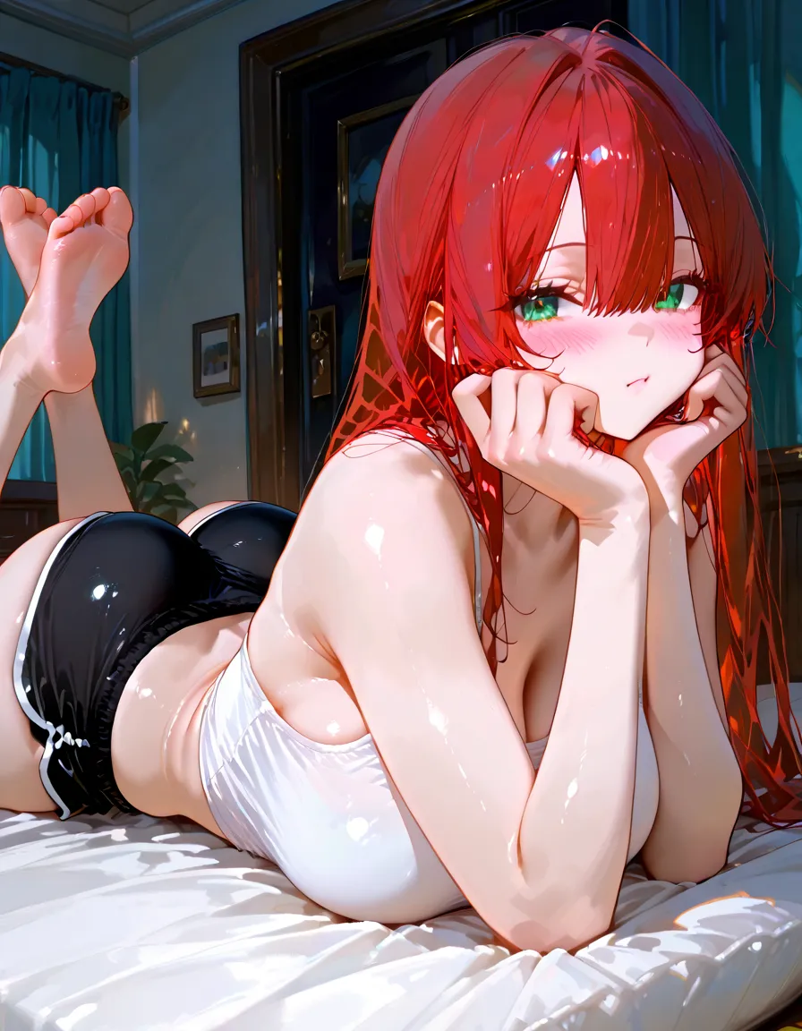 trending on artstation, 8k resolution, highly detailed, anatomically correct, sharp image, digital painting, concept art, trending on pixiv, (silly, sweaty, ahegao) drooling, red short hair, ample bosom.