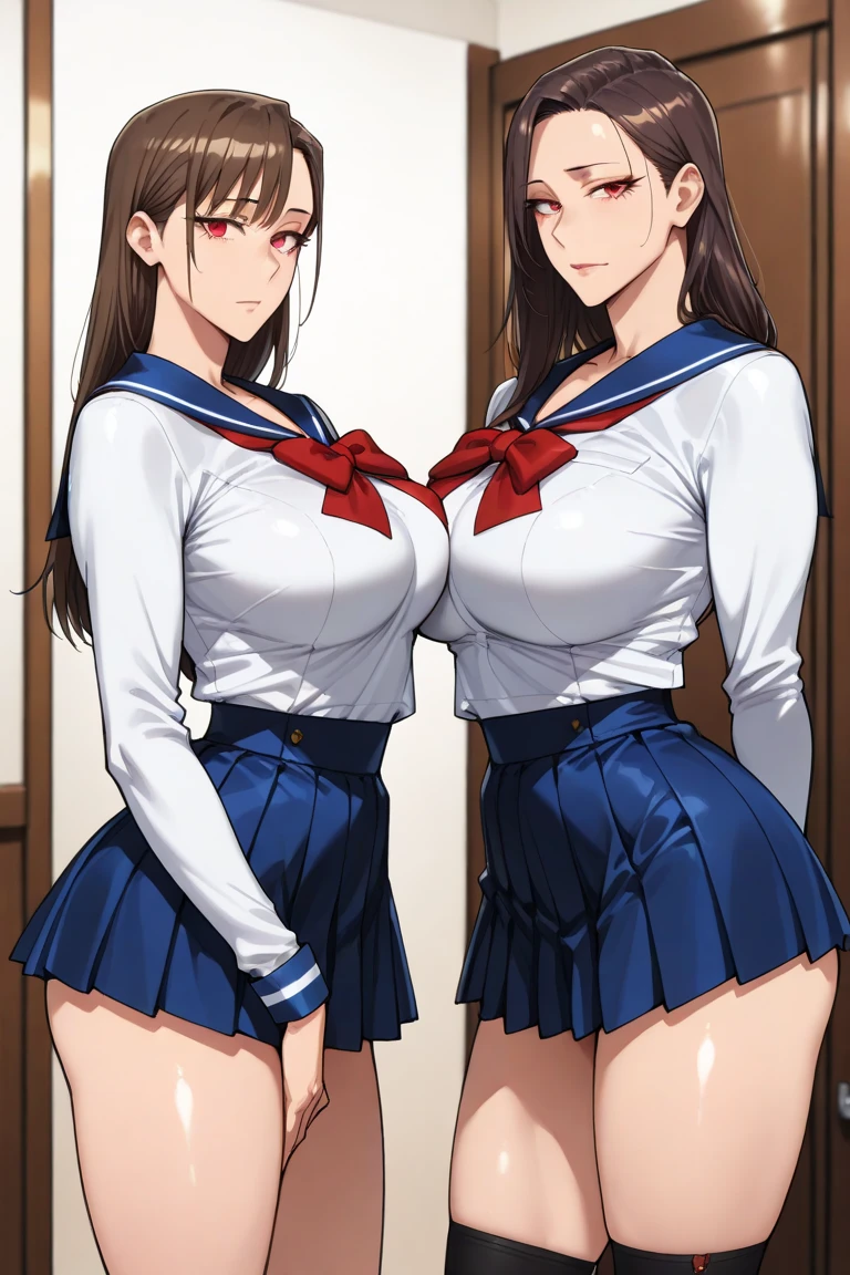 (highest quality、High resolution、detailed background、8K)、Beautiful and dense face、beautiful and smooth skin、skin texture、professional lighting、Beautiful girl in her 20s、two women、brown hair、braided hairstyles、(huge breasts:1.3)、realistic、perfect body line、
(Enjoy a romantic dinner by candlelight)、Calm atmosphere、
Confidence and Charm、Express yourself with confidence、Charm、
(Try wearing sailor uniform-style tops and for a sexy look.)、
Choose tops that fit well with your body line.、
Fits perfectly around the chest and waist, emphasizing feminine curves.、
Adding details such as lace or ribbons around the décolletage and shoulders can create a sexy look.、
Generally speaking, traditional sailor uniform style tops with a white or navy base with red or black details are popular, but you can also choose tops with other bright colors or patterns.、
Choose a miniskirt that fits well with your body line.、
A secure fit from the waist to the hips, making your legs look beautiful.、
The tight silhouette of the skirt emphasizes your sexiness.、
We recommend designs that highlight the hip line and thigh curves.、
Dark colors such as black and navy bring out your sexiness.、
Skirts made of leather or shiny fabric also give a sexy impression.、
By incorporating feminine accessories such as ribbons and chokers, you can create a cute and sexy look at the same time.、Pair it with high heels to make your legs look beautiful.、
High-heeled boots emphasize sexiness、
looking at me with a happy expression、laughing、smiling、sexual expression、cute
