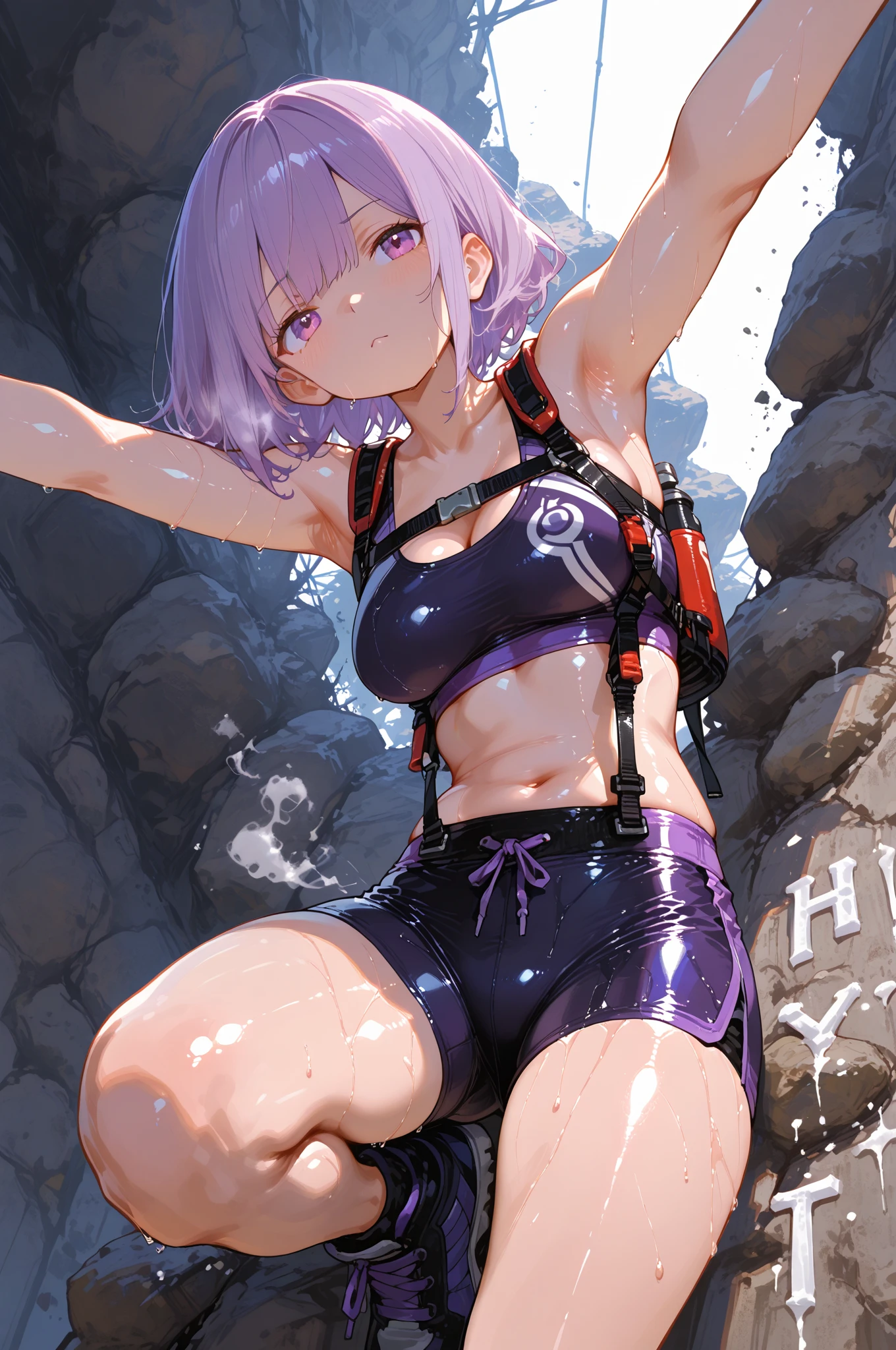 ((female)), (very messy hair), (happy smile), fangs, ((ripped abdomen)), toned arms and legs, medium breasts, excessive sweating, (summer beach scene), (((blue eyes bright pool))) , barefoot, standing, ((full body photo)), ((on top of a rock))