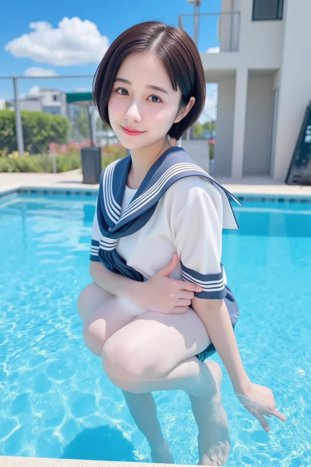 apanese、junior High School girls、1 person, 15 years old、Sailor Mercury、A cosplay that is heavy wet and slightly transparent、Wet light blue short hair、 Wet arms、Wet legs、Wet Face、smile、pose、Highest quality, wet poolside, big tits