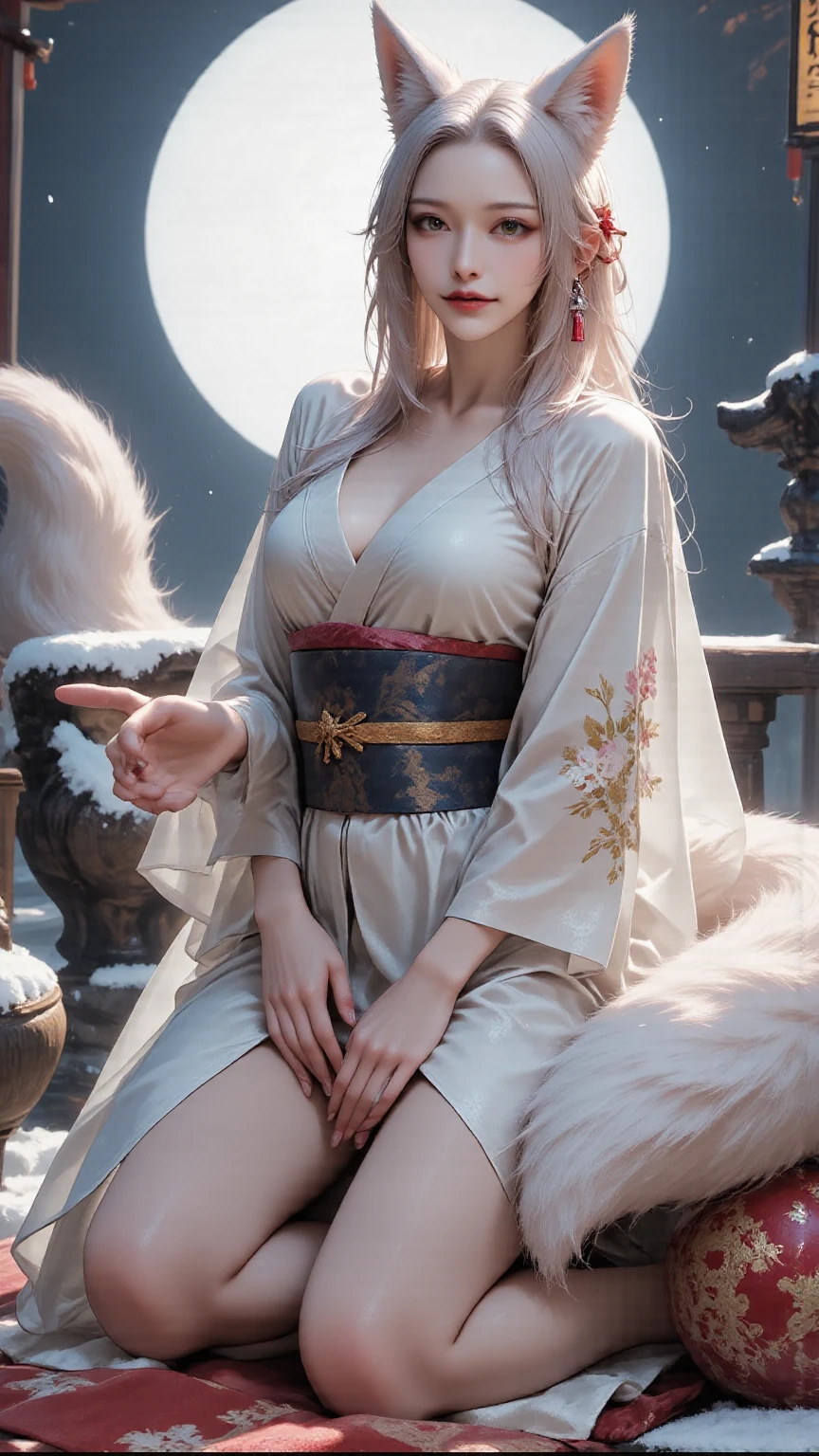 A nine tails girl wearing kimono sit down in the forest ((in front of camera)),((half body potrait )),very long white hair, Beutiful eyes, fox ears, fangs and a body full of fur,((red ??????, parfact ??????)), ?????, medium breast, medium cheast, big buttocks, fox tail ((nine tail)) ?????? pose