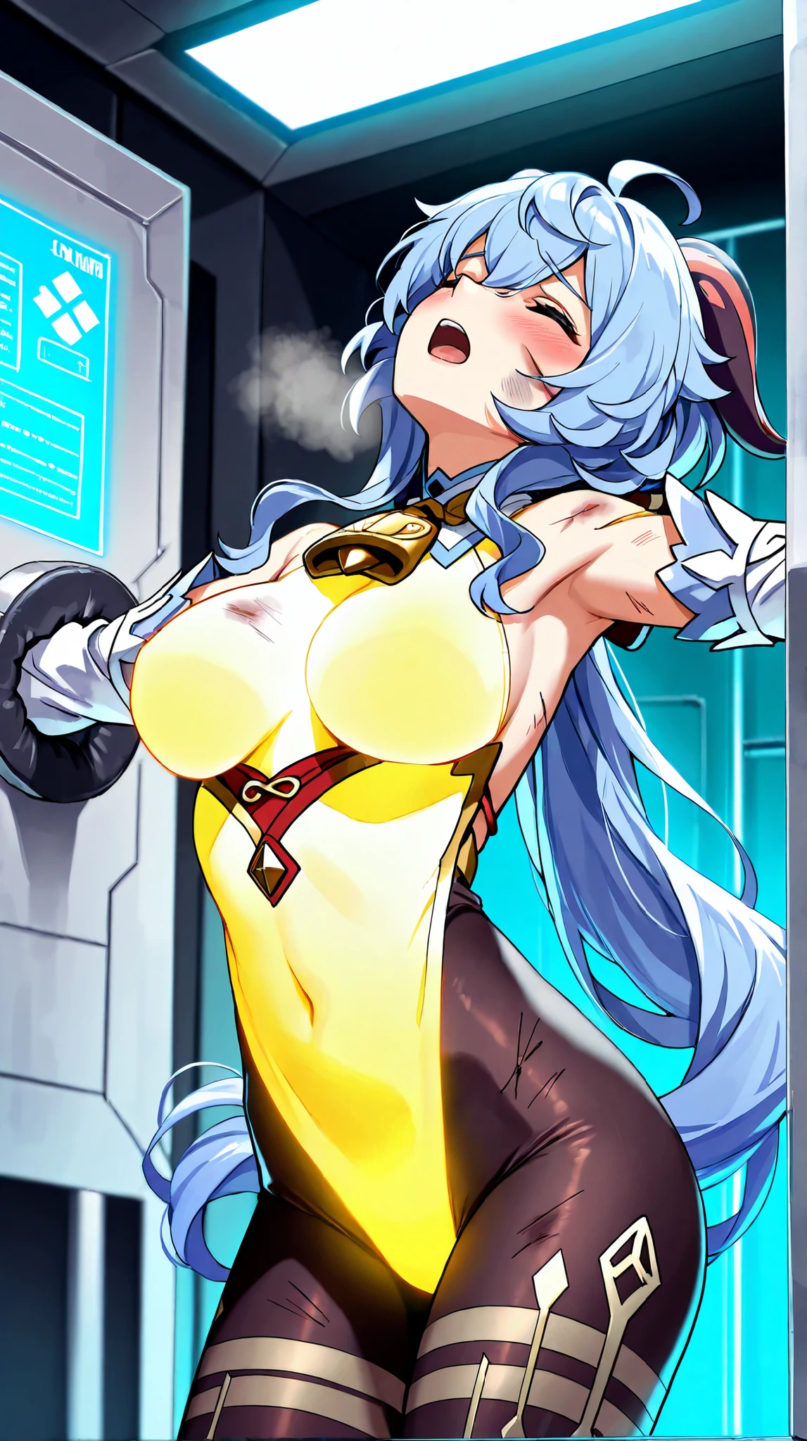 1girl, breasts, large breasts, wide hips, thick thighs, white hair, very short hair, cap, hat, smile, leotard, thigh strap, choker, yellow eyes, smile, smirk, smug, futuristic, science-fiction, tech, neon, neon trim, white leotard