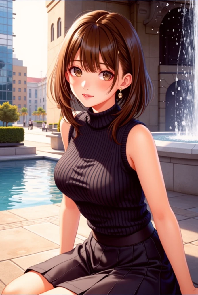 anegasaki nene、Shiny brown hair, short hair, (Beautiful brown eyes、Sparkling eyes, Fine grain)、smile、超Detailed eyes、very詳細な顔, veryDetailed eyes,
Highest quality, Super Fine, 16K, Incredibly absurd, very,
Cute Woman, 24-years-old, Captivating look, Excited expression, , Wearing a Burberry checked skirt, Black tank top sweater with braided pattern, Best body shape, Sit at the Fountain Square, Detailed eyes, Beautiful Face, Depth of written boundary, Octane Rendering