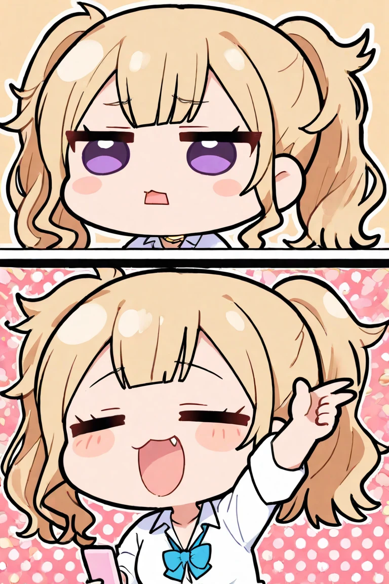a cute  femboy with long blonde twin tails, detailed lips, sweating, panting, ecstatic expression, mischievous sound effects, 2 frames