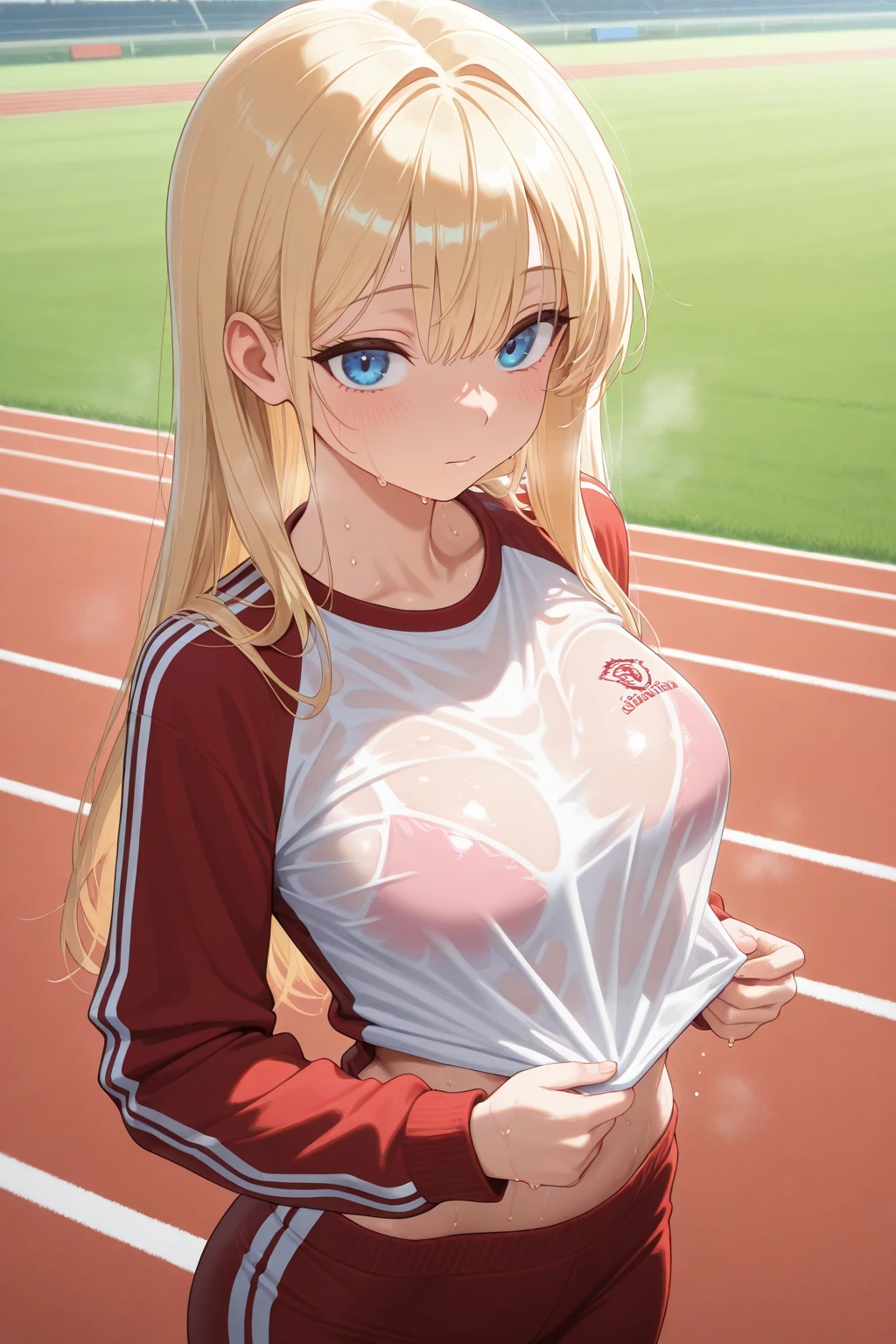 mastute piece,Best Quality,insanely detailed,8k cg,nsfw,
(shoot upper body:1.3),
(1girls:1.3),standing,looking at viewr,body in front,(arms behind back:1.4),(runner uniform:1.3),(bare breasts:1.4),(bare nipples:1.4),
break,
blush,shy,(ecstasy face),(trembling:1.2),break,(light blonde hair:1.3),
break,
perfect breasts,perfect teats,(open mouth:0.9),(large breasts:1.2),
(track field),