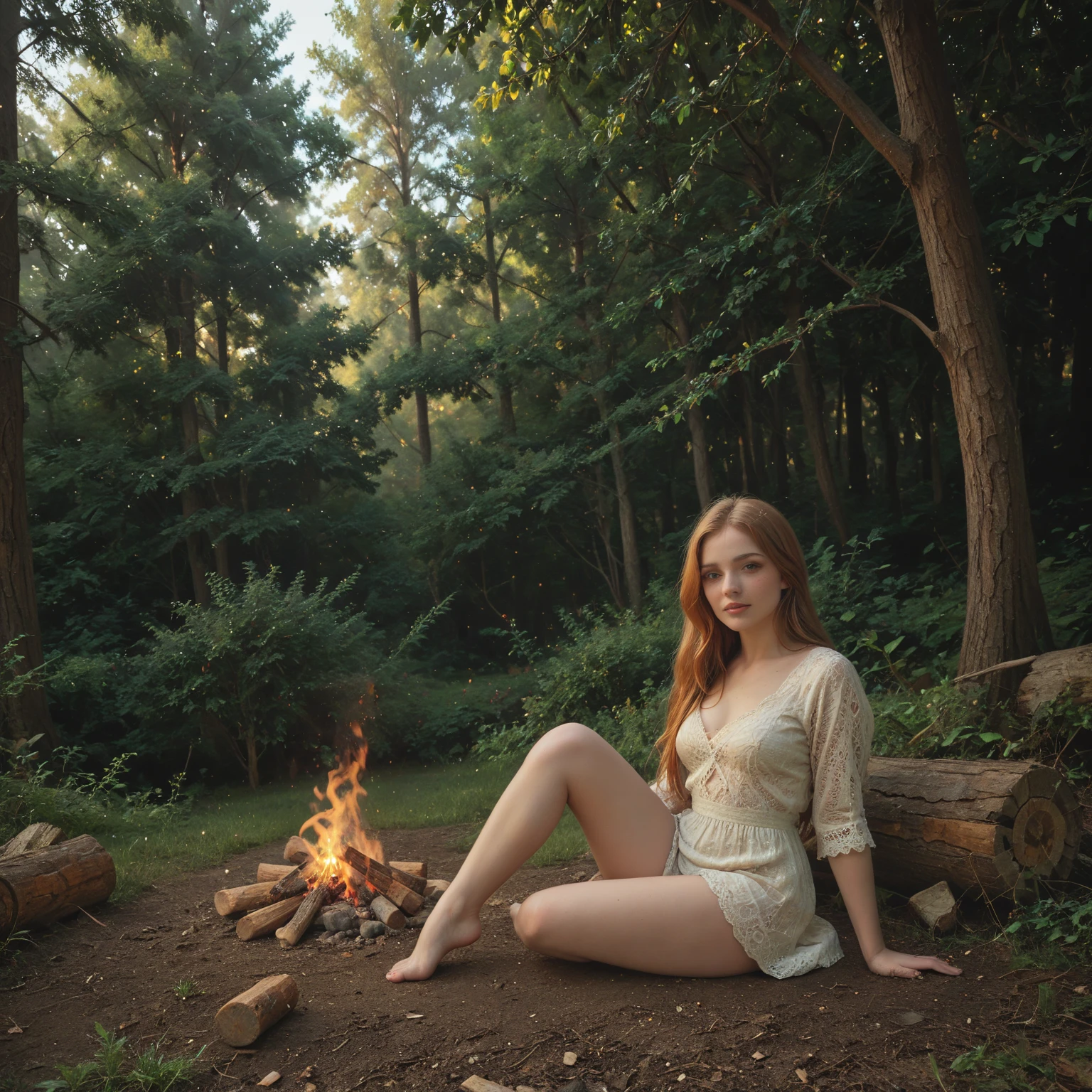 Beautiful, sexy, attractive redhead, black lingerie, sexy eyes, (camping), intimate, hot, sensual, on hands and knees, waiting, slutty, wide angle shot, (no extra legs), (No extra arms) night, campfire, tent in background, man sitting in background