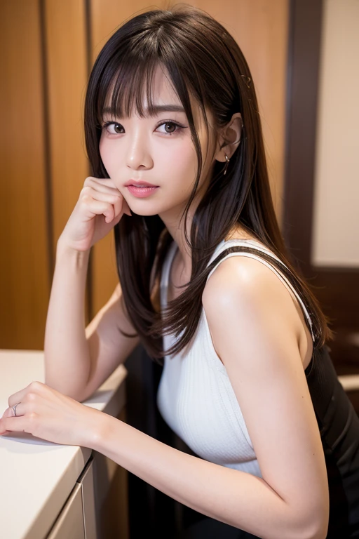 (nsfw:1.2)、RAW Photos, Highest quality、Realistic, Photorealistic:1.5), Tabletop, Very delicate and beautiful, Soft Light, (Brown Hair, Straight shoulder-length hair fluttering in the wind), Beautiful detailed girl, (Detailed fingers), Highly detailed eyes and face, Beautifully detailed nose, Beautiful attention to detail, 1 person, Japanese, Pure beauty, cute, young, Dress shirt, pants, (Half Body:1.3), (Big breasts), Realistic face, Realistic body,