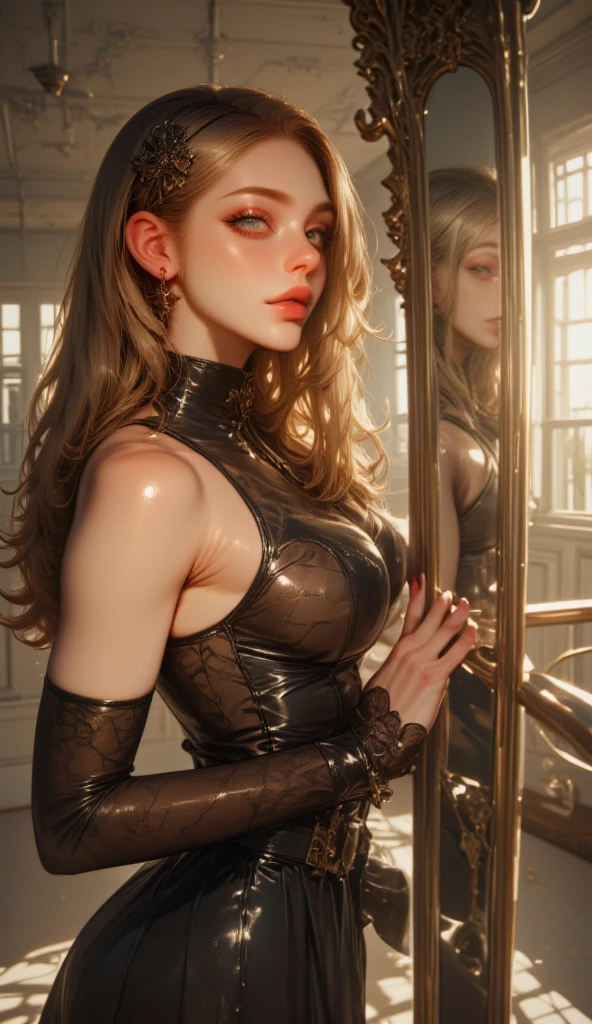 A beautiful woman wearing a high detail striped sexy dress, (erotic face:Florence Pugh:0.2), (skin texture:1.1), (skin pores:1.2), (high detail face), (very long curly blonde hair), masterpiece, Best Quality, ultra detailed, analog style, shadow, contrast, raw photo, by Ellen von Unwerth, Nikon D850, Backlight, edge lighting (warm tone, warm tone:1.2)
