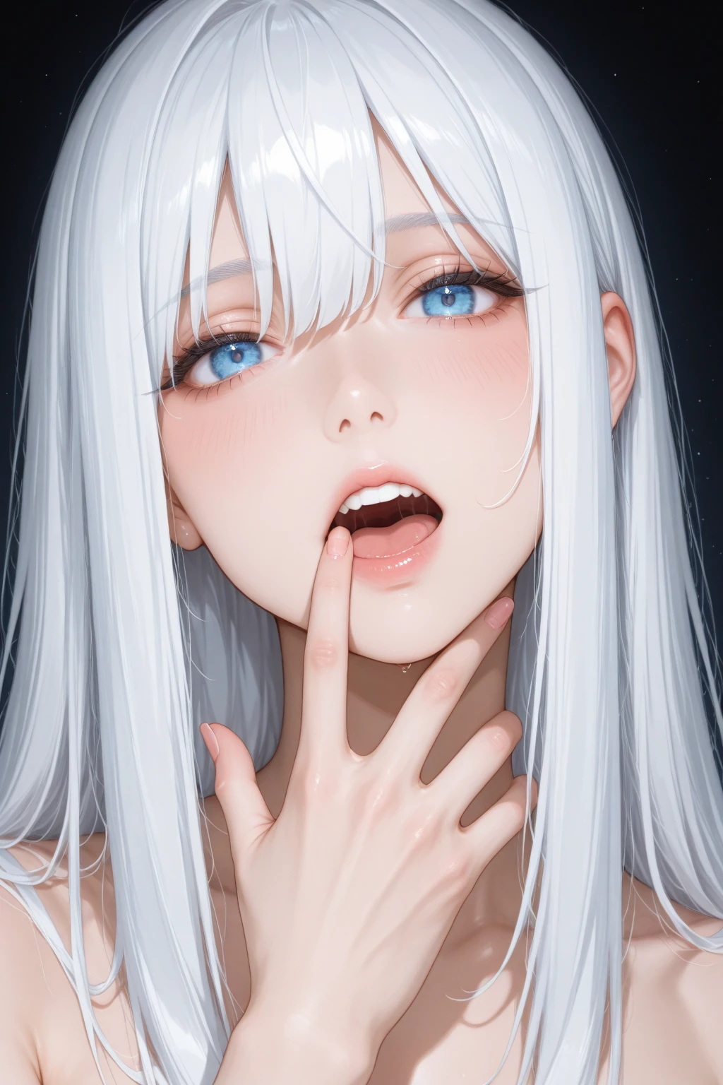 nsfw,(blowjob),covered in semen,facial ,one woman,nude,(penis),cute face,beautiful face,,upturned eyes,straight hair,from above,looking at viewer,high quality,photorealisti