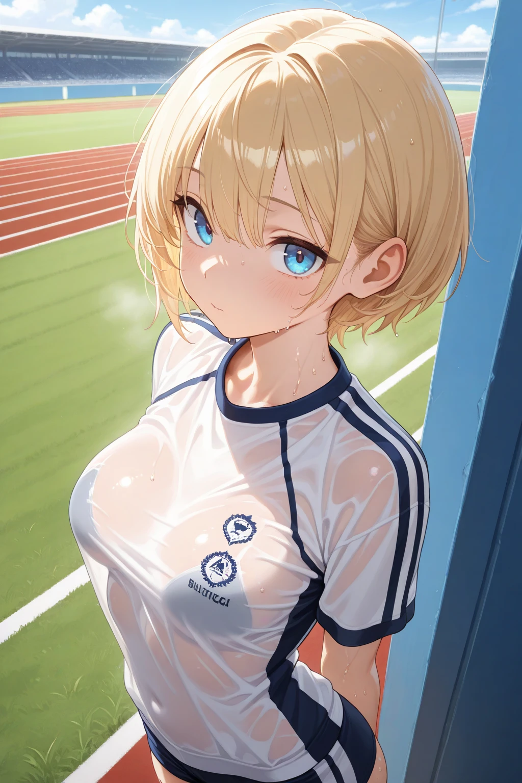 ((best quality)), ((masterpiece)), ((detailed)), (((perfect face))), (((22yo girl))), ((((topless)))), (((medium breasts))), (((((blue soccer shorts))))), ((blonde hair)), (((short ponytail))), (((green eyes))), ((frown)), ((blushing:1.2)), (((bare arms))), (((bare shoulders))), (((bare stomach))), (((green soccer field))), (((standing)))