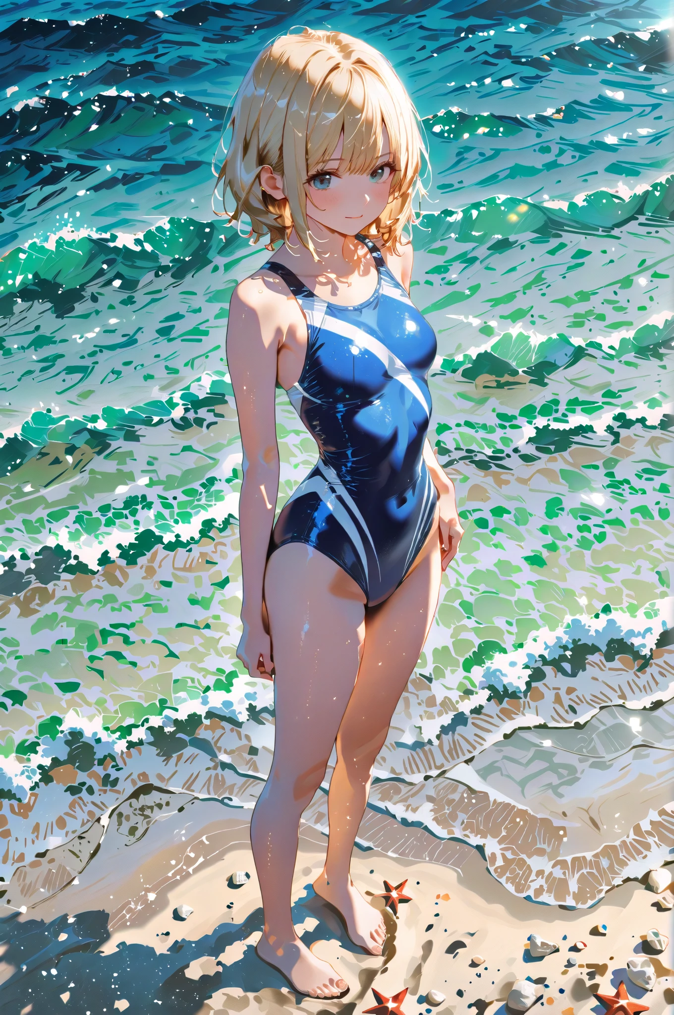 (masterpiece, Highest quality:1.2), naked,One girl, Mokoko Avisgard, In-person audience, Hair Clip, hair band, One piece swimsuit, Beach, blush, cute, Place your hands behind your head,