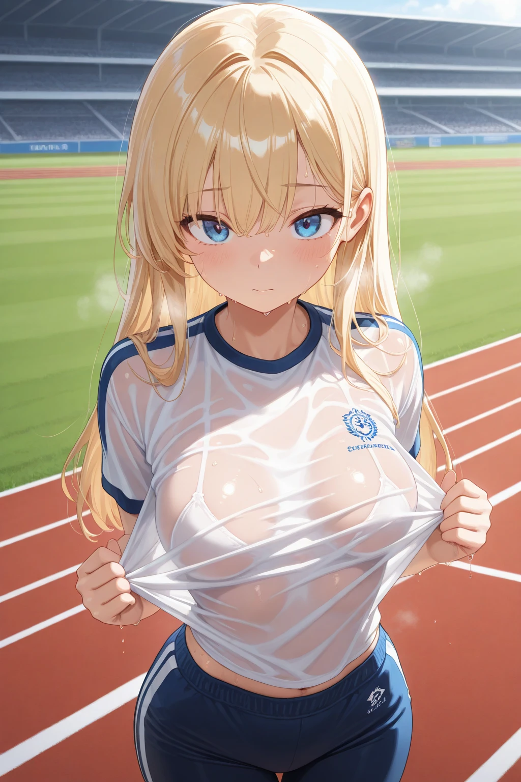 mastute piece,Best Quality,insanely detailed,8k cg,nsfw,
(shoot upper body:1.3),
(1girls:1.3),standing,looking at viewr,body in front,both arms behind back,(runner:1.3,runningbras,runningbriefs),(bare breasts:1.1),(bare nipples:1.1),
break,
blush,shy,(ecstasy face),(trembling:1.2),break,(light yellow hair:1.2),
break,
perfect breasts,perfect teats,(open mouth:0.9),(large breasts:1.2),
(trackfield)、