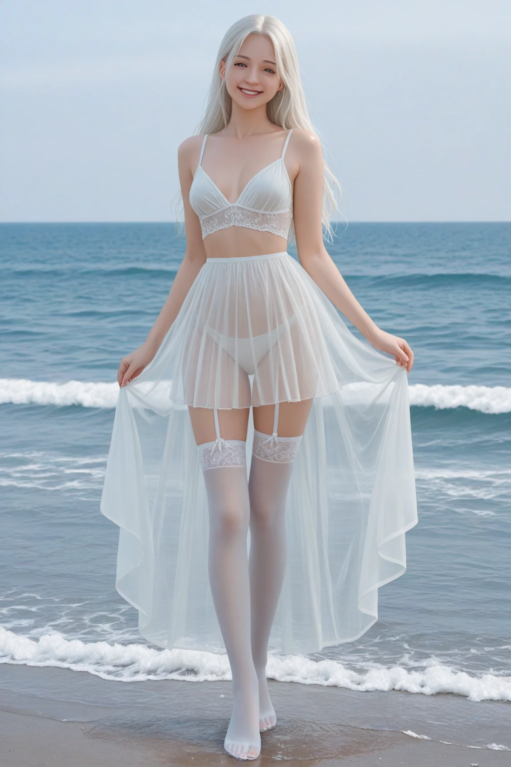 beautiful woman on the beach, see-through wrapped skirt,