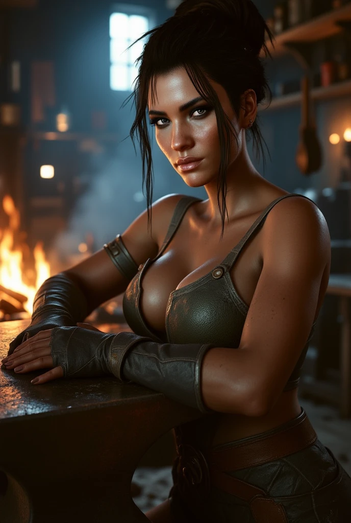 ((highest quality)), ((masterpiece)), (be familiar with), (High definition), (Realistic), (Realistic), (Best Shadow), Low contrast, (Complex:1.4), Side lighting, 8K, ((kate beckinsale)), ((lara croft)), Perfect Face、Detailed、(Accurate hand and finger depiction)、lata croft women、Brunette with long brown plaited ponytail 、Voluptuous body、big breasts、Narrow waist、Big Ass、Alluring、glamorous、((On all fours))torch lit cave、Night view