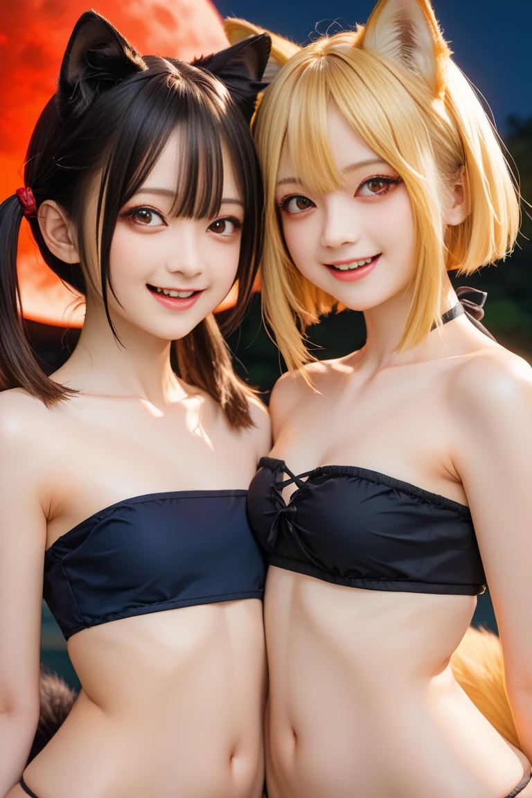 (sfw, Oilskin,Glowing Skin、Realistic skin texture、Beautiful skin in every detail、Shiny skin、Slimy skin、White skin, Real human skin, Familiar), Oval Face, pore, Ultra-high resolution, (8k, RAW Photos, Realistic: 1.4), One Girl, slim, (kind, Goddess-like eyes, happiness: 1.2),
From feet to head、Two girls standing、
(Color Contact Lenses、Lip gloss, Long eyelashes), ((jirai girl, jirai make-up:1.5))、(((Big Breasts))),Big cleavage、Long black hair、
(((Sexy Micro Bikini:1.5))),(Oily skin、Glowing wet skin), (Accessories all over the body:1.3),
((Two girls: one with long black hair and white skin, the other with short blonde hair and dark skin:1.8))、
highest quality, Ultra-high resolution, Wide Lighting, Natural Shading), Absolute area、Long beautiful slim legs、
(Little devil Smile face、Sexy smile expression:0.8, Open your mouth、Seducing girl),
Sparkling lighting for the Night event、Amusement park pool、
(Outdoor nightclubpool, Large night pool:1.5)、