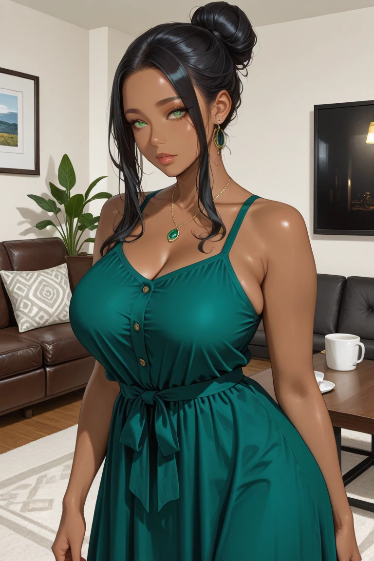 ((highest quality)), ((masterpiece)), (detailed), (Character Focus、breast focus), (One Girl: 1.5)、4k、((Symmetrical facial features)), Anime 2D Rendering, Realistic young anime woman,
Perfect Face, (Anime eyes:1.2、Beautiful fine details、Shining Eyes), Beautiful body, Beautiful thighs, Beautiful feet, (Tanned dark skin:1.5)、Perfect round butt、 Slightly larger breasts、20-year-old、
Blonde、(Curly Up Hair、curls_hairstyle:1.2)、dark red eyes、Earrings、Gold Necklace、
((Red sleeveless high neck sweater dress:1.4)、Black Pantyhose、High heels)、
Captivating smile、turn around、
