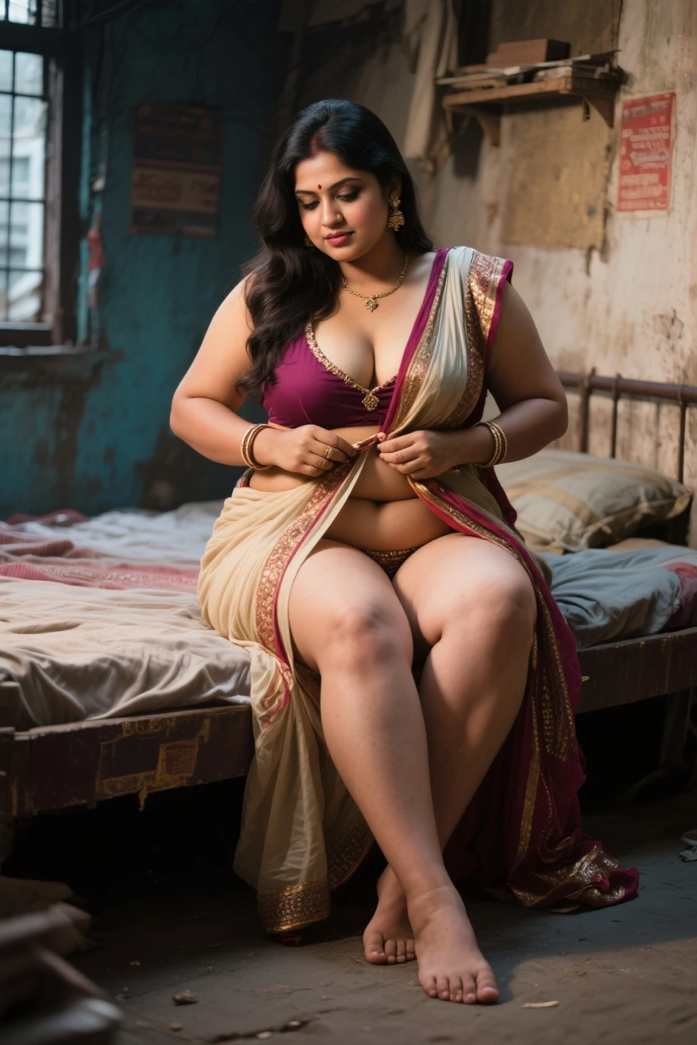 Sexy Indian aunty bangali actress monalisa sitting on swing, fatty thighs, fatty body chubby body type big fat body, bbw women, wearing red panty,blue long dress ,pink top,bbw,,big size body, spreding legs,clothes colour is red, and blue