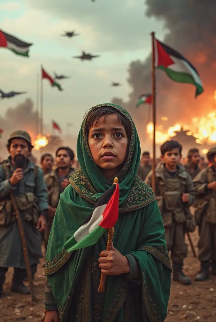Create a image of palestine children, womens who are tortured by Israel with palestine flag and Bangladesh student who fought Against government and made victory