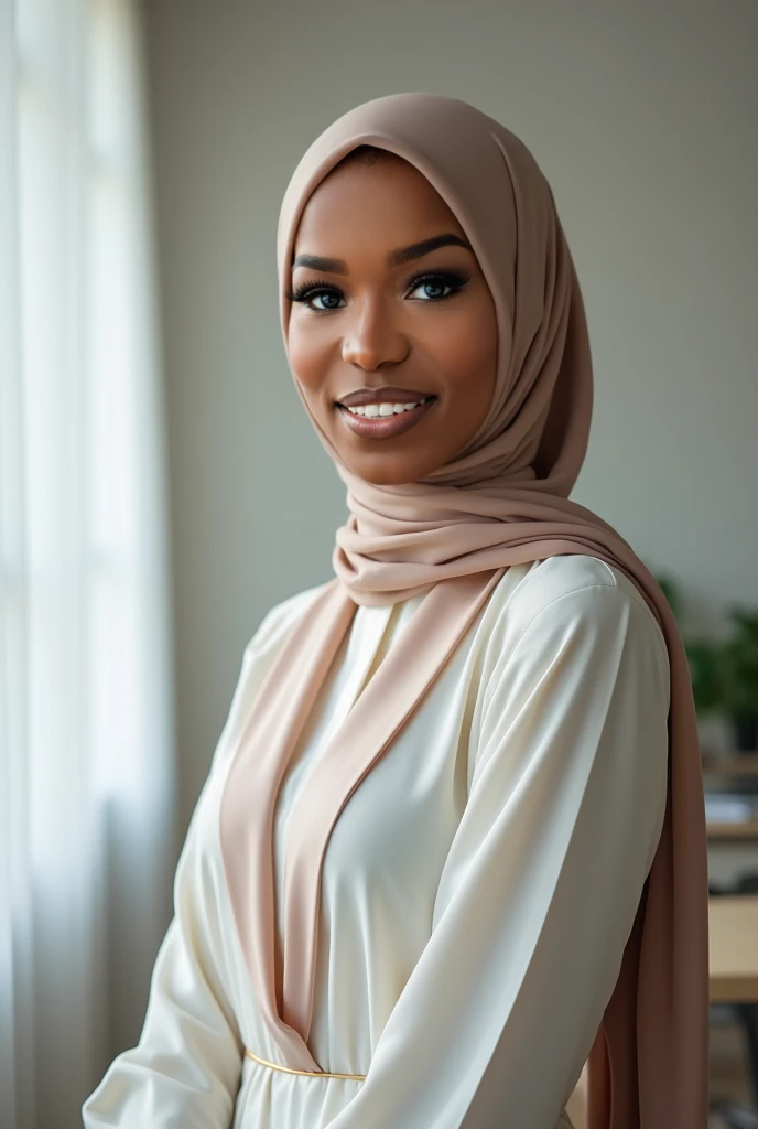 African female model, 3/4 photograph, in a office, natural light, posing for picture, (green eyes), thick lips, hijab, cotton turtleneck, long sleeves, freckles