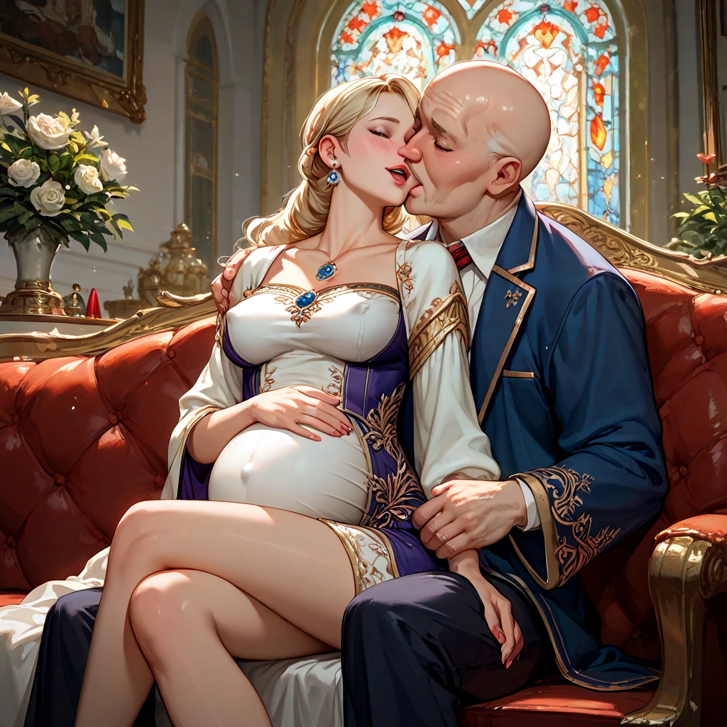 (1milf and 1little boy:1.3),sit, (lewd expressions:1.3),{open leg:1.2},((2maid:1.2)),((1little boy Touching woman's buttocks:1.3)),((Panty shot:1.0)),(White hair,red eyes) ,gold shirt:1.1, (latex clothes:1.1),(in church),(((1milf:1.1))),(embarrassed:1.4,blush:1.3),(orgasm:1.3),(ecstasy:1.3),(trembling:1.3),(tears:1.1) ,(lace panty:1.1),(gigantic breasts:1.0),(breasts spilling out of white bra:1.1),((steam:1.2)),Masterpiece, Top Quality, Highly Detailed, Dynamic Angle, ((Perfect Hands)), Detailed Glossy Skin, Slender hair, fine eyes), amazing backgrounds, meaningful backgrounds, absurd backgrounds, artistic overlays, and colorful hair. The style is surrealism, cinematic lighting, ray tracing,divine light, perspective,(looking away:1.3),(contrapposto:1.3),(gold decoration),(white and red costume),(long sleeve costume),((Pull up the long skirt)),(((very tight shirt:1.1))),(littleboy standing woman behind),