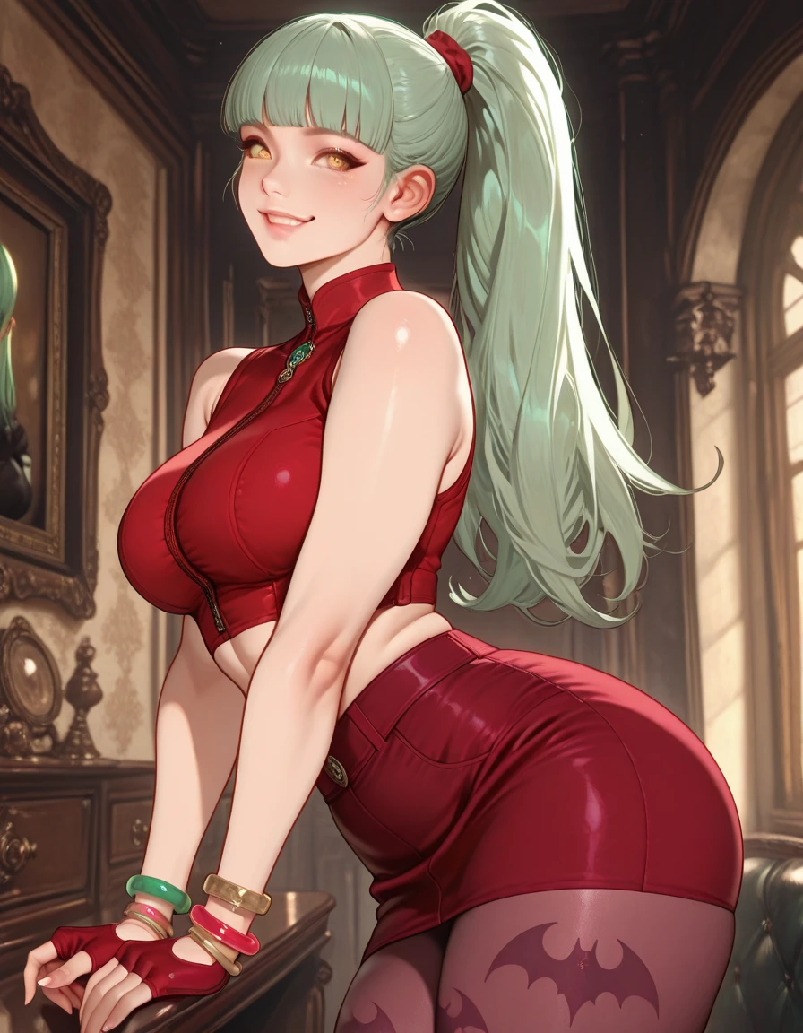 beautiful, (masterpiece:1.2), (best quality:1.2), perfect eyes, perfect face, perfect lighting, 1girl, mature female, puckered lips, green lipstick, red dress, blue eyes, white hair <lora:coloredLipstickBETA_v220:0.4>