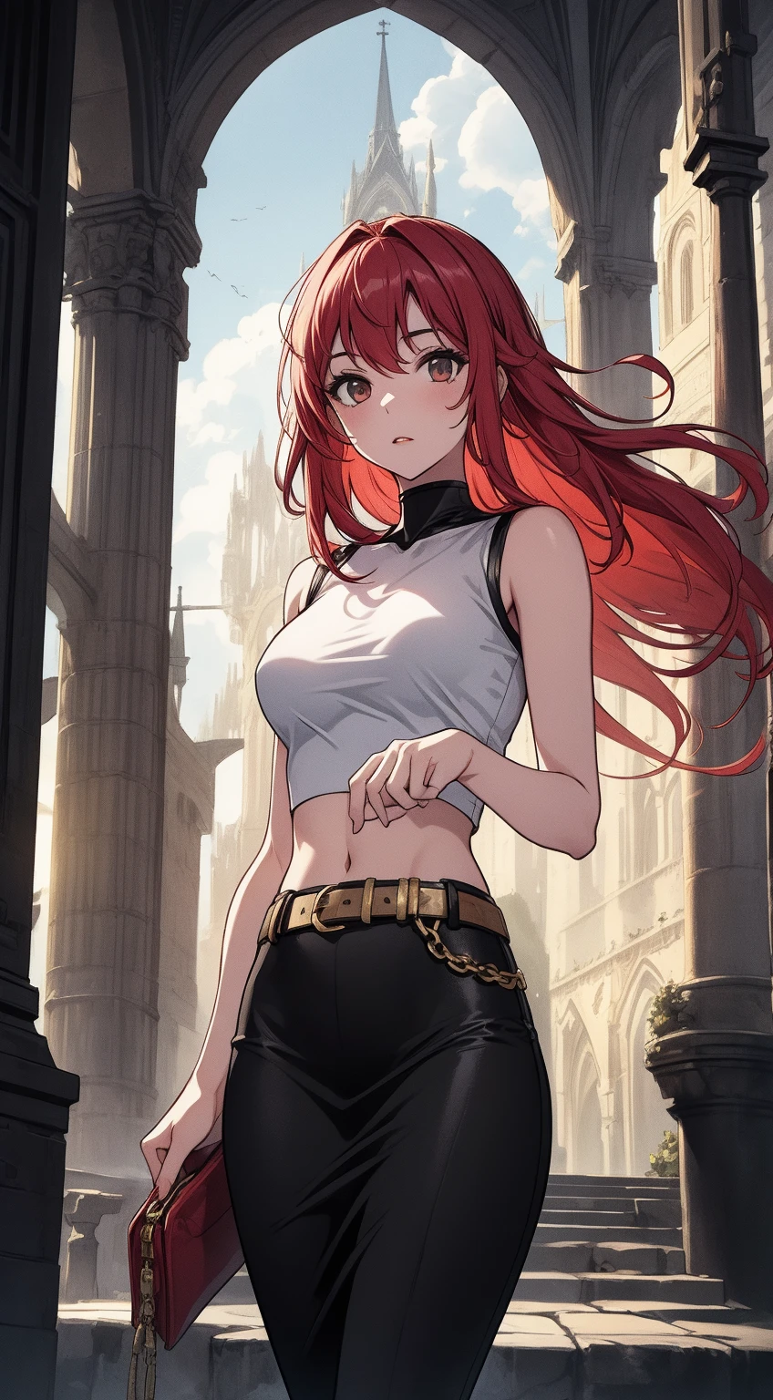 ((masterpiece, highest quality:1.3)),Thief、cowboy shot,25 year old beauty,solo,((very small head)),red hair,ponytail hair,long hair,red eyes,blunt,skinny,medium breasts,((long body)),slender body,skinny,shiny skin,oily skin,Bullish expression、(Tight black camisole、Crop length)、navel、Short sleeve、Brown Leather Gauntlets、Pleated red mini skirt、white_thighhighs、Breaking into a large mansion、Old big mansion、forest、Sunlight filtering through the trees、