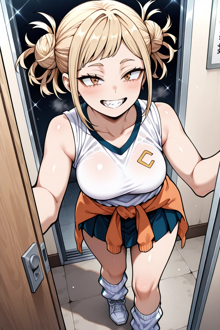 1 Cute naughty martial artist, Pastel colors hair, (Excessively overwhelmingly gigantic huge breasts:1.6, Thighs:1.2, thick legs:1.2, curvy:1.2), yellow orange hair, (undercut:2.0, short two side up:1.3, medium hair:1.8), (naked:1.4), standard height, (blush:1.2, fang:1.2, ;d), at the adventurer's guild, A bulletin board with posted paper, fighting stance