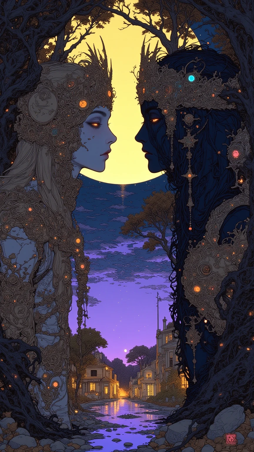 ((A couple in love)), ((woman with black hair wearing a white dress)), standing with ((a masculine man with short black hair, wearing a blue suit)) hair with lots of details, Artgerm style, inspired by Artgerm art, detailed portrait, stunning detailed face portrait, beautiful waist up portrait, Artgerm style painting, ((night sky in the forest with crescent moon background))