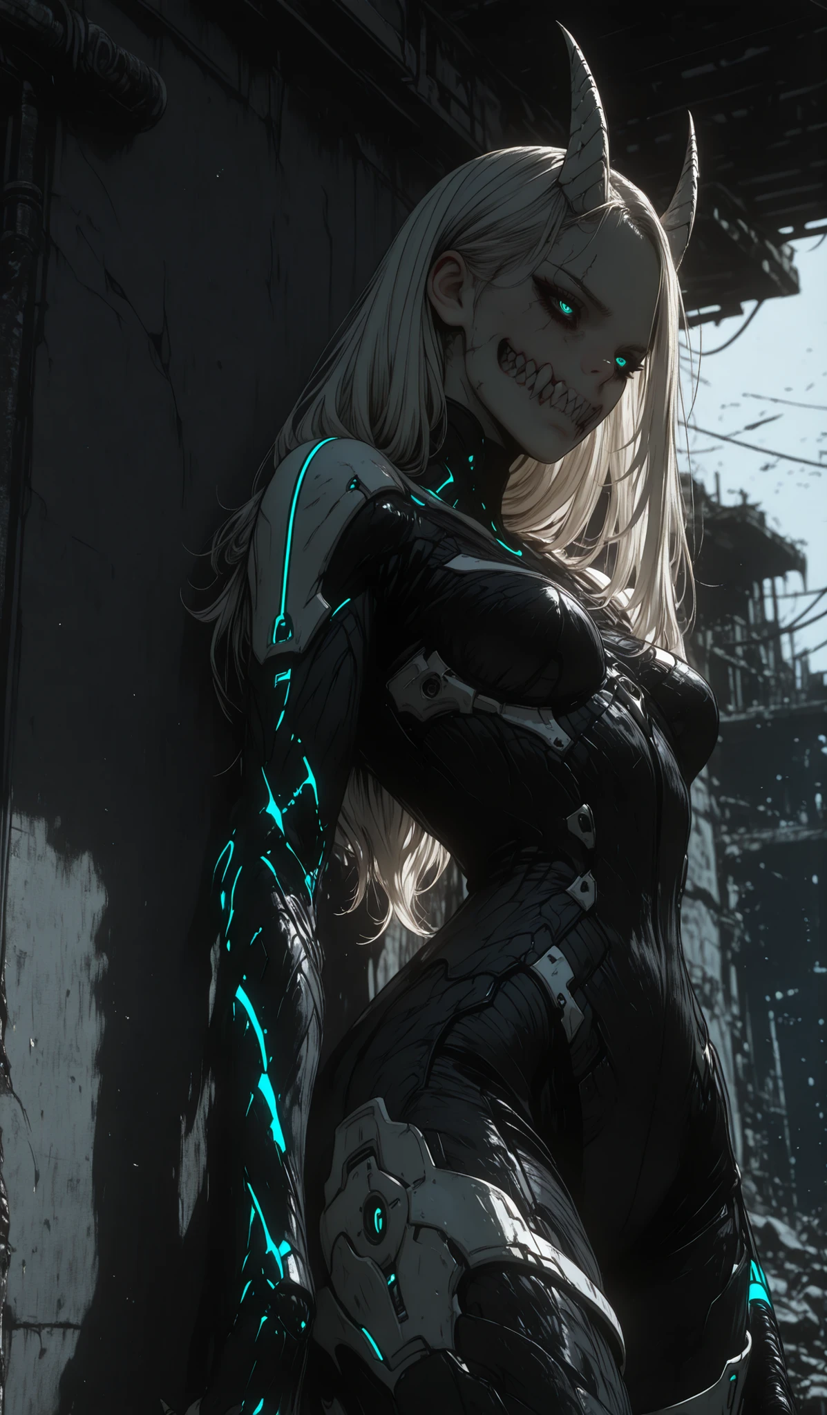 masterpiece, best quality, very aesthetic, absurdres, (masterpiece:1.35), (very aesthetic, best quality:1.3), highly detailed, volumetric lighting, absurdres, dramatic lighting, hyperdetailed realism, addmicrodetails, realistic 3d artstyle, detailed shading, female focus, solo, 3d anime style, detailed eyes, detailed shadows, female focus, smooth masterpiece, wide angle, scene
Colored skin, black skin,
Outdoors, dark background, sharp detail, morning, moonlit, soft, RTX, destroyed city, ruins, cool lighting, cool color,
1girl, young woman, petite, (slender), (very narrow waist), fit, white hair, realistic hair, wild hair, long hair, hair back, frizzy hair, attractive, white nails, eyelashes, skindentations, hip_indentations, tired eyes,
Dynamic pose, standing, kafkakaiju, glowing, glowing eyes, horns, sharp teeth, armor, aqua eyes, athletic female, neon trim, black sclera, kaiju number 8, kaiju style,
