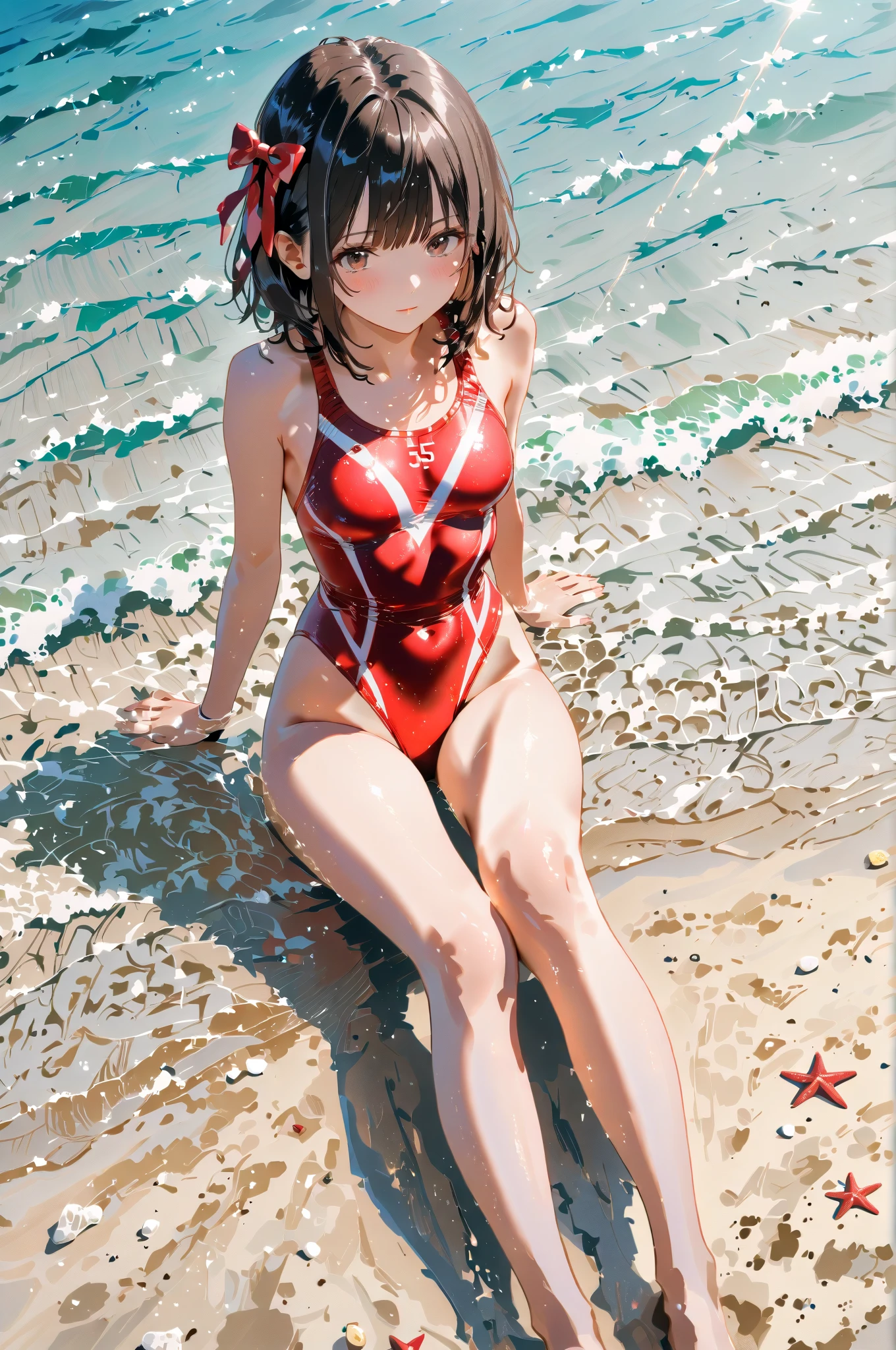 Running away, Chainsaw Man character, on the beach during a sunset. She wears an elegant red swimsuit, with a design that highlights your figure. He is standing near the shore, with the water caressing your feet, and a serene but authoritative expression on his face. Her long red hair waves lightly in the sea breeze.. The background shows an ocean reflecting the gold and pink tones of the sky at sunset, with some palm trees and an island in the distance