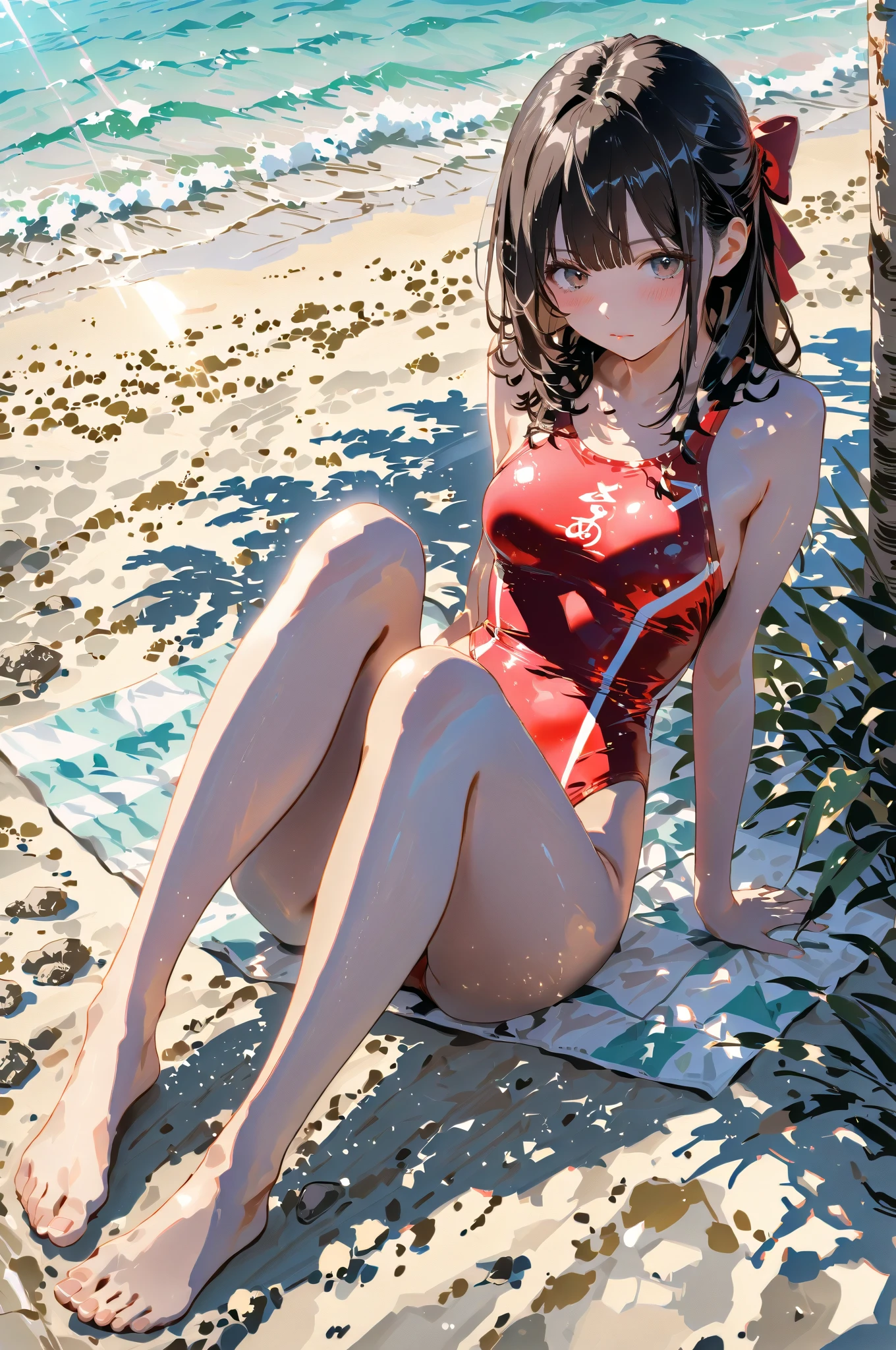 Young woman of 23 years, in sexy swimsuit,  lying face down on the beach.

