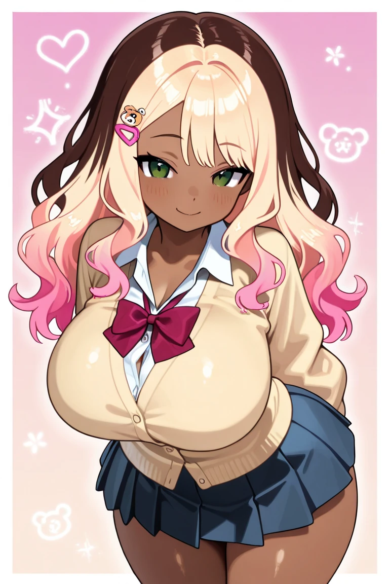 darkskin++++, tanned, dark brown skin1:5, orange hair++++, twintails++, pink eyes+++, big breast+, plump lips, thick lips, bow symbol++, heart symbol++, pink heart background, detailed eyes, lips, (highest quality, amazing details:1.3), (solo:1.3), masterpiece, big lips+, glossy lips, dolly lips+, wide eyes, detailed clothes++, kawaii outfit, pink theme, pink bedroom