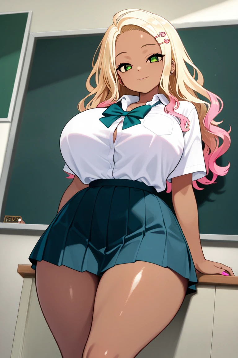 1girl,solo,school uniforms,miniskirt,classroom,dark skin,blonde hair,pink eyes,breastst,twin tail,midriff,no bra,underboob,standing,wide hips,curvy,earring ,open shirt,lipstick ,makeup,elf