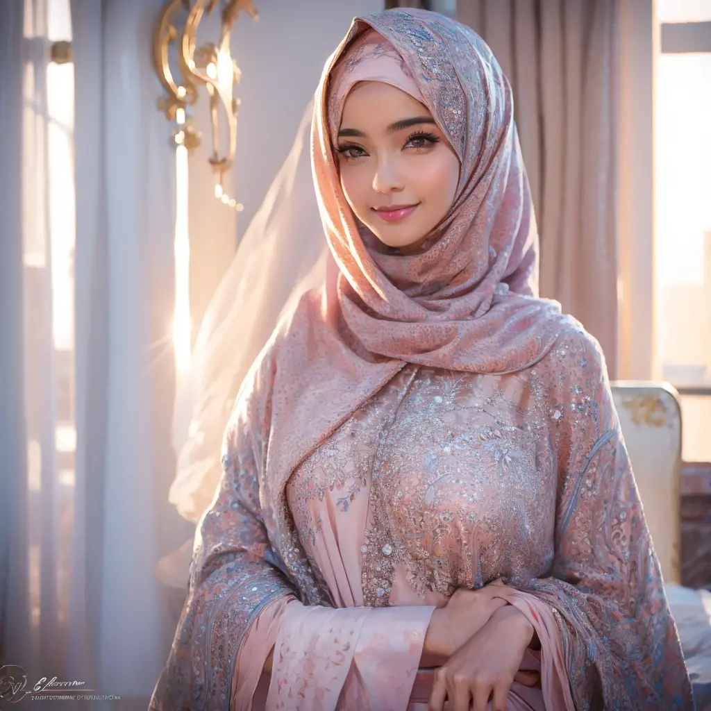 a gorgeous MILF, hijab girl, silk white abaya, beautiful detailed smile, beautiful detailed eyes, beautiful detailed nose, beautiful detailed lips, elegant feminine pose, intricate hijab folds, delicate skin, warm lighting, photorealistic, 8K, hyper detailed, masterpiece
