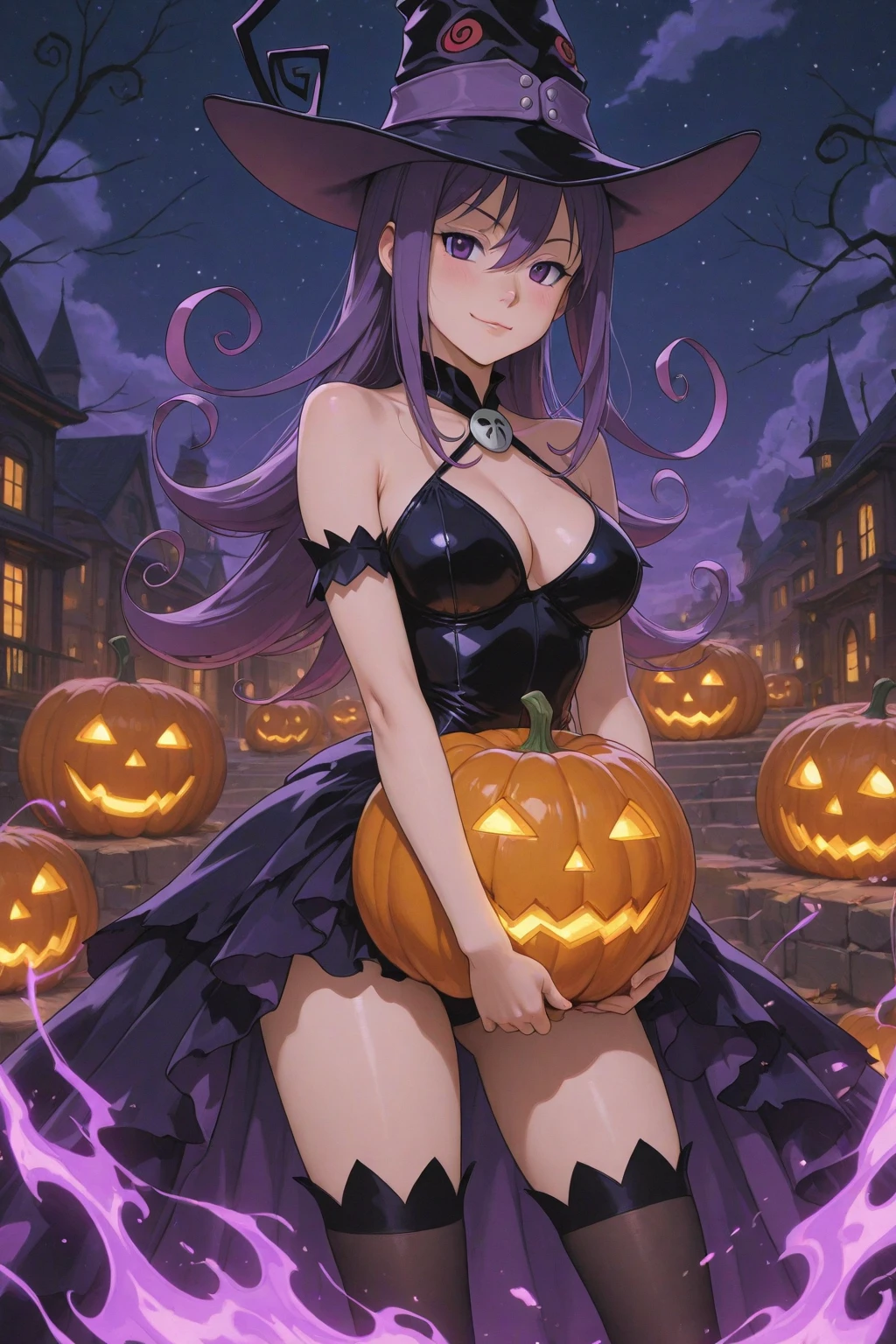 Dancing,child,(masterpiece,Highest Quality),A dark-haired,witch outfit,Halloween,Jack-o'-lantern,pumpkin,Skull